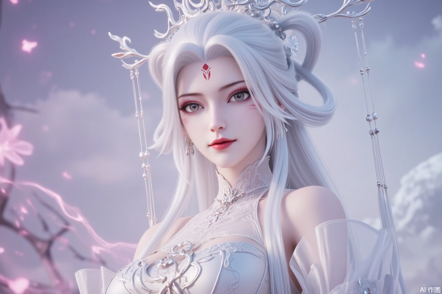 lvjing,guoman,xiaobai,1girl,solo,long hair,white hair,dress,facial mark,hair ornament,bare shoulders,forehead mark,white dress,red lips,detached sleeves,hair rings,makeup,looking at viewer,hair stick,grey eyes,cover,gradient background,close-up details,outstanding style,adding a touch of dimension to your images without compromising details,close-up