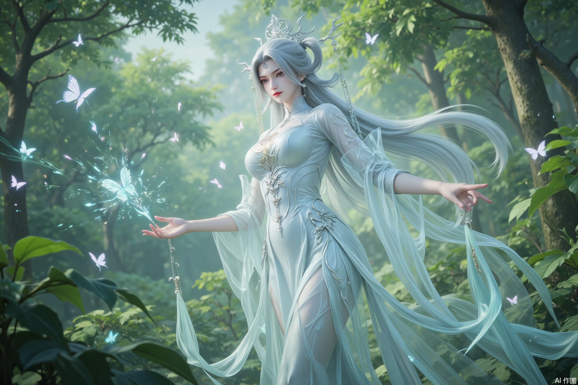 Bai from Zhu Xian walks through the verdant wilderness, her snow-white cheongsam glowing under the sun. Silvery hair cascades like liquid moonlight, while butterflies dance around her in ethereal patterns. Mystical energy shimmers in the air like scattered stardust, weaving an aura of celestial wonder into the lush landscape..,
xiaobai,lvjing,baoshi