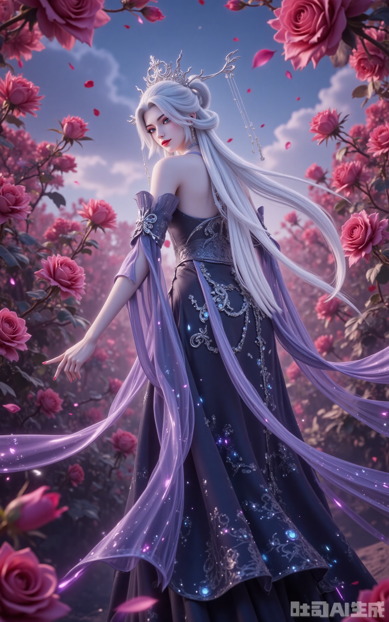 This breathtaking 8K portrait captures an ethereal silver-haired goddess dancing amidst a blooming rose garden. Her cascading white tresses shimmer with a pearlescent moonlit glow, adorned with delicate silver ornaments that sway like fallen stars with each graceful movement. Those enigmatic gray eyes, veiled yet glowing with a subtle pink radiance, mesmerize the viewer, while her glistening crimson lips - reminiscent of winter roses against snow - create a striking contrast against her platinum locks. The exquisitely tailored Chinese-style gown showcases her divine silhouette, with flowing black motifs cascading like ink wash paintings across the skirt, their embedded sapphires refracting aurora-like hues with every twirl. The billowing sleeves - a masterful fusion of translucent chiffon and imperial brocade - flutter like crane's wings, their diamond-studded hems tracing celestial patterns that sparkle in the twilight. In this extravagant rose garden, countless ruby-red blossoms burst into full bloom, creating a swirling vortex of petals that frame her enchanting performance. Shot from a dramatic low angle with exquisite backlighting, every element conspires to compose a visual symphony where alabaster elegance meets passionate florals. The stunning 8K resolution captures each falling petal, each sparkling gemstone, transforming this ephemeral moment into an everlasting vision of sublime beauty,lvjing,baoshi