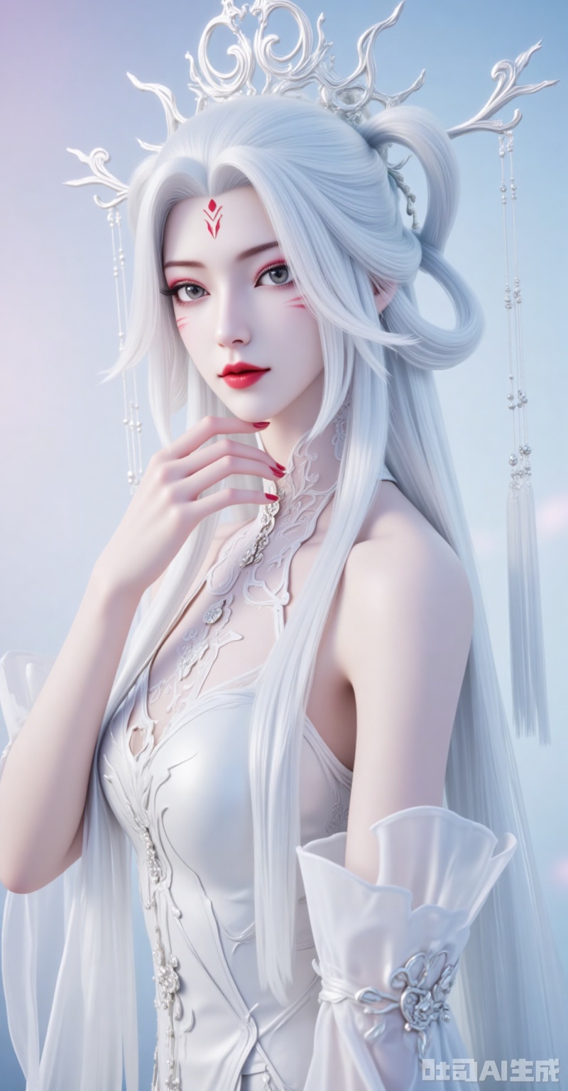 lvjing,guoman,xiaobai,1girl,solo,long hair,white hair,dress,facial mark,hair ornament,bare shoulders,forehead mark,white dress,red lips,detached sleeves,hair rings,makeup,looking at viewer,hair stick,grey eyes,cover,gradient background,close-up details,outstanding style,adding a touch of dimension to your images without compromising details,close-up