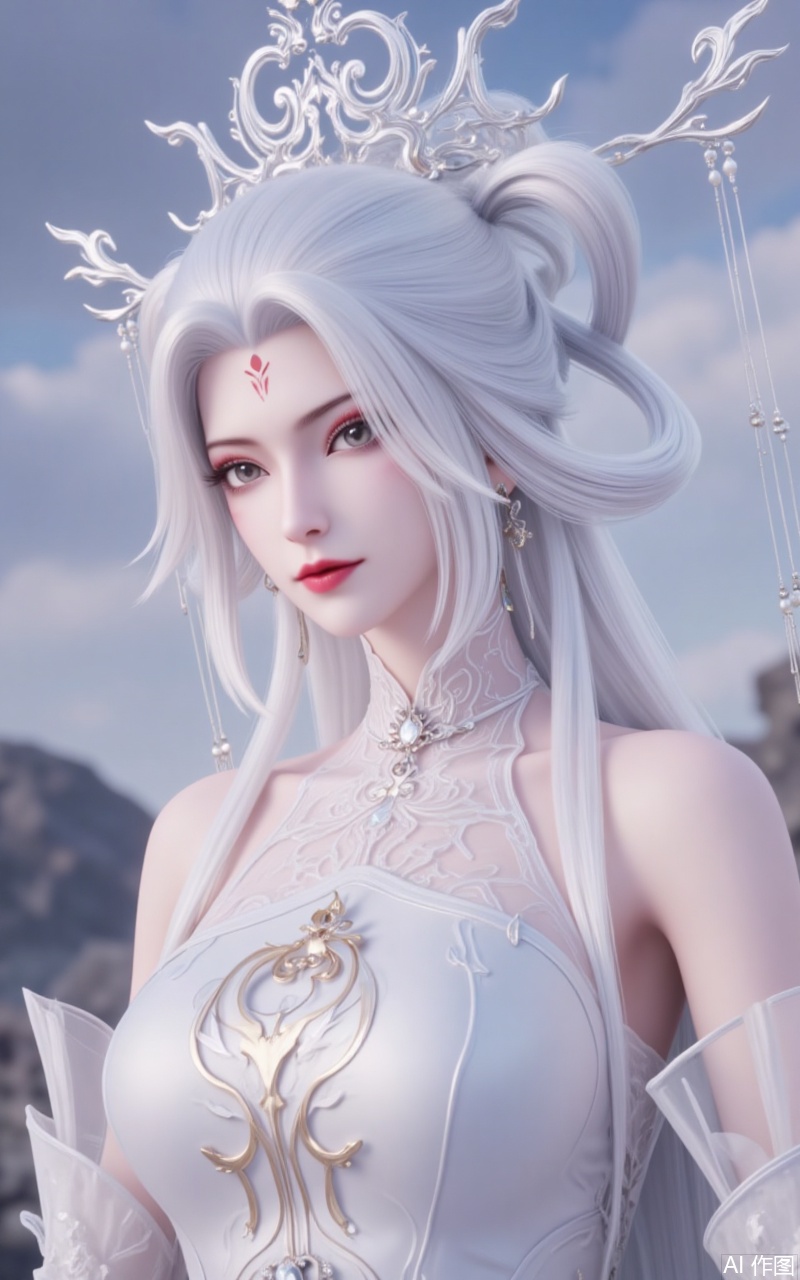 lvjing,guoman,xiaobai,1girl,solo,long hair,white hair,dress,facial mark,hair ornament,bare shoulders,forehead mark,white dress,red lips,detached sleeves,hair rings,makeup,looking at viewer,hair stick,grey eyes,cover,gradient background,close-up details,outstanding style,adding a touch of dimension to your images without compromising details,close-up