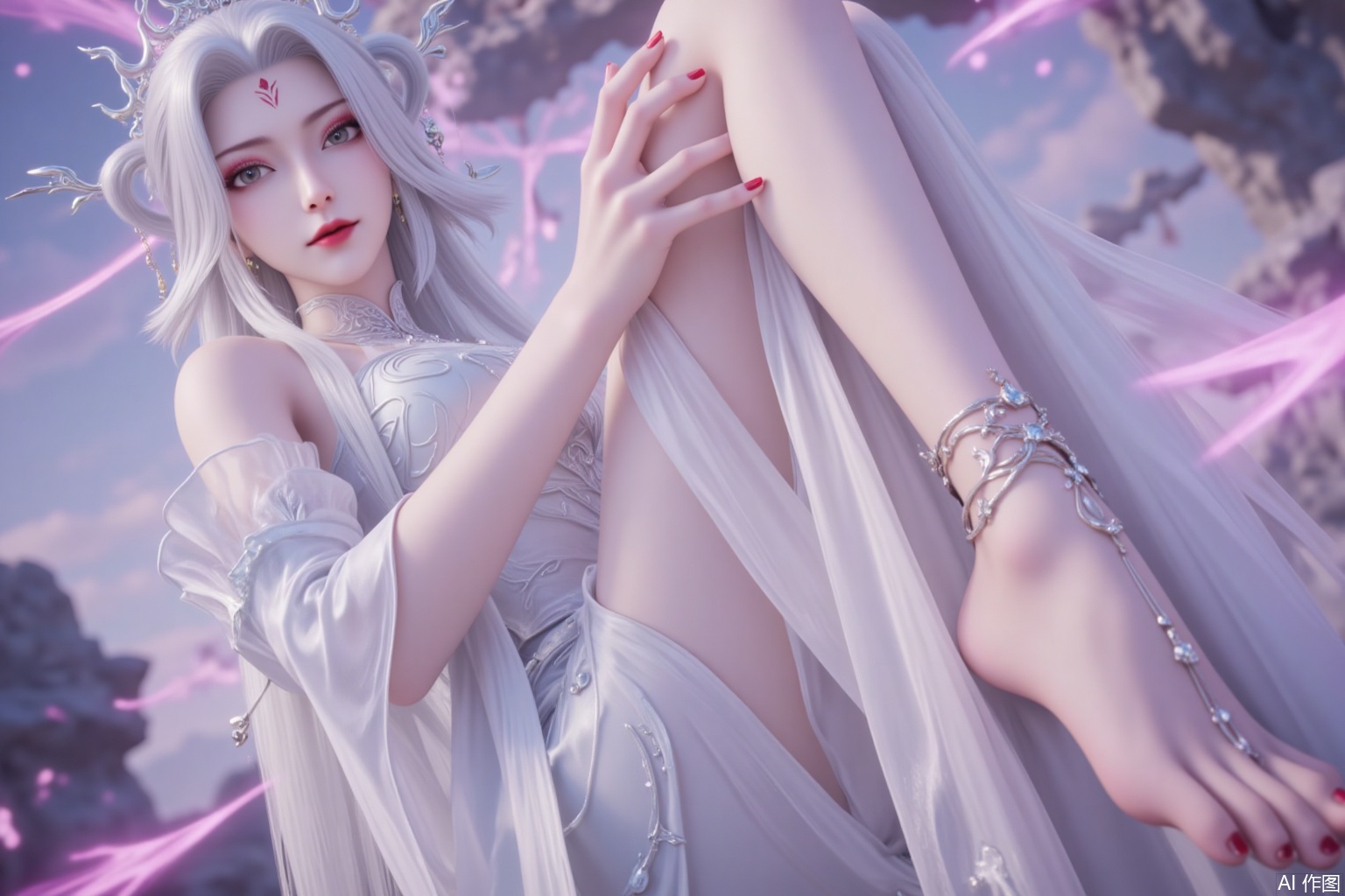 lvjing,xiaobai,1girl,solo,long hair,white hair,dress,facial mark,hair ornament,bare shoulders,forehead mark,white dress,red lips,detached sleeves,hair rings,makeup,looking at viewer,hair stick,grey eyes,1girl,toenail polish,barefoot,toenails,nail polish,anklet,feet,solo,dress,toes,jewelry,silver dress,legs,blurry,blurry background,foot focus,red nails,close-up,11,cover,gradient background,close-up details,outstanding style,adding a touch of dimension to your images without compromising details,close-up