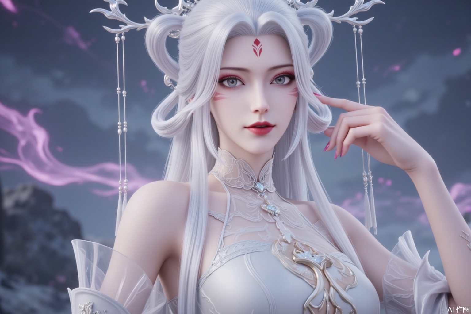 lvjing,guoman,xiaobai,1girl,solo,long hair,white hair,dress,facial mark,hair ornament,bare shoulders,forehead mark,white dress,red lips,detached sleeves,hair rings,makeup,looking at viewer,hair stick,grey eyes,cover,gradient background,close-up details,outstanding style,adding a touch of dimension to your images without compromising details,close-up