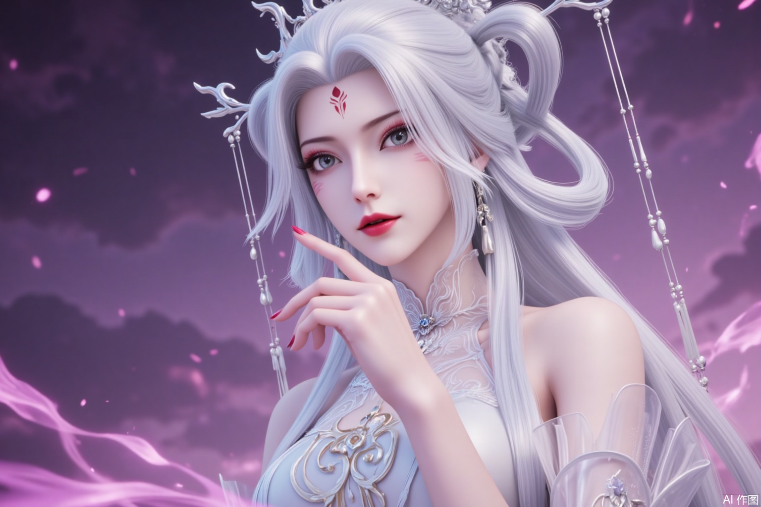 lvjing,guoman,xiaobai,1girl,solo,long hair,white hair,dress,facial mark,hair ornament,bare shoulders,forehead mark,white dress,red lips,detached sleeves,hair rings,makeup,looking at viewer,hair stick,grey eyes,cover,gradient background,close-up details,outstanding style,adding a touch of dimension to your images without compromising details,close-up