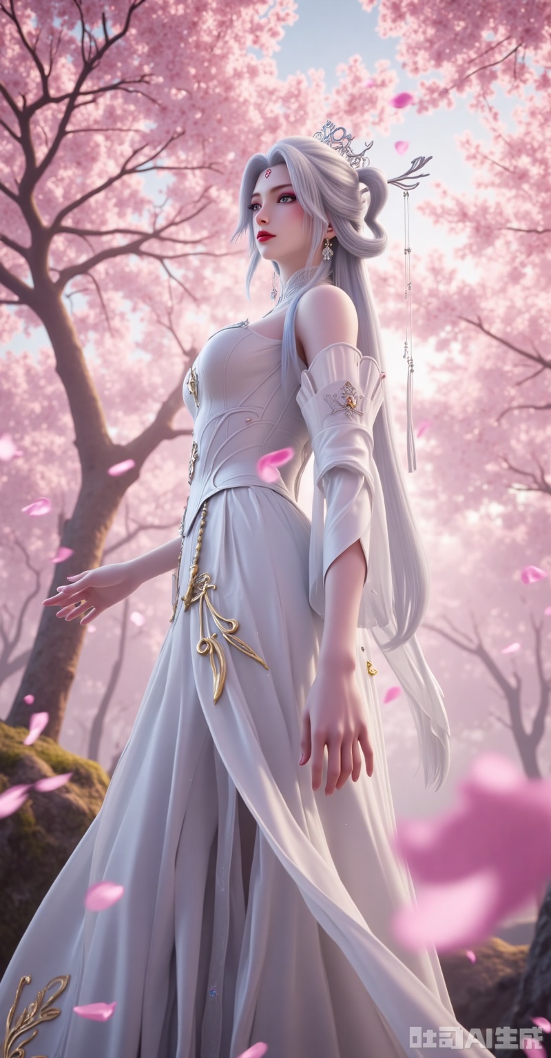 long hair,white hair,facial mark,hair ornament,forehead mark,red lips,hair rings,makeup,hair stick,grey eyes,
A low-angle medium shot captures Xiao Bai strolling through the sakura forest, viewed from a slightly upward perspective. Her silhouette emerges amidst swirling cherry blossoms, her silver hair cascading like a waterfall, swaying gently in the breeze. Delicate silver hair ornaments glimmer softly, catching the light and blending harmoniously with the falling petals.
She wears an elegant white cheongsam adorned with intricate gold-traced patterns, gemstones embedded along the seams that shimmer faintly with her movements. Her gray eyes glow with a subtle pink hue, as if reflecting the tender beauty of the sakura around her.
The background is an endless sea of cherry blossom trees, petals drifting like snowflakes in the gentle wind. Sunlight filters through the branches, casting a dreamy haze over the scene. The low-angle perspective elongates her figure while enhancing the layered depth of the falling petals, creating an ethereal and tranquil ambiance.
lvjing,xiaobai,lvjing,moran