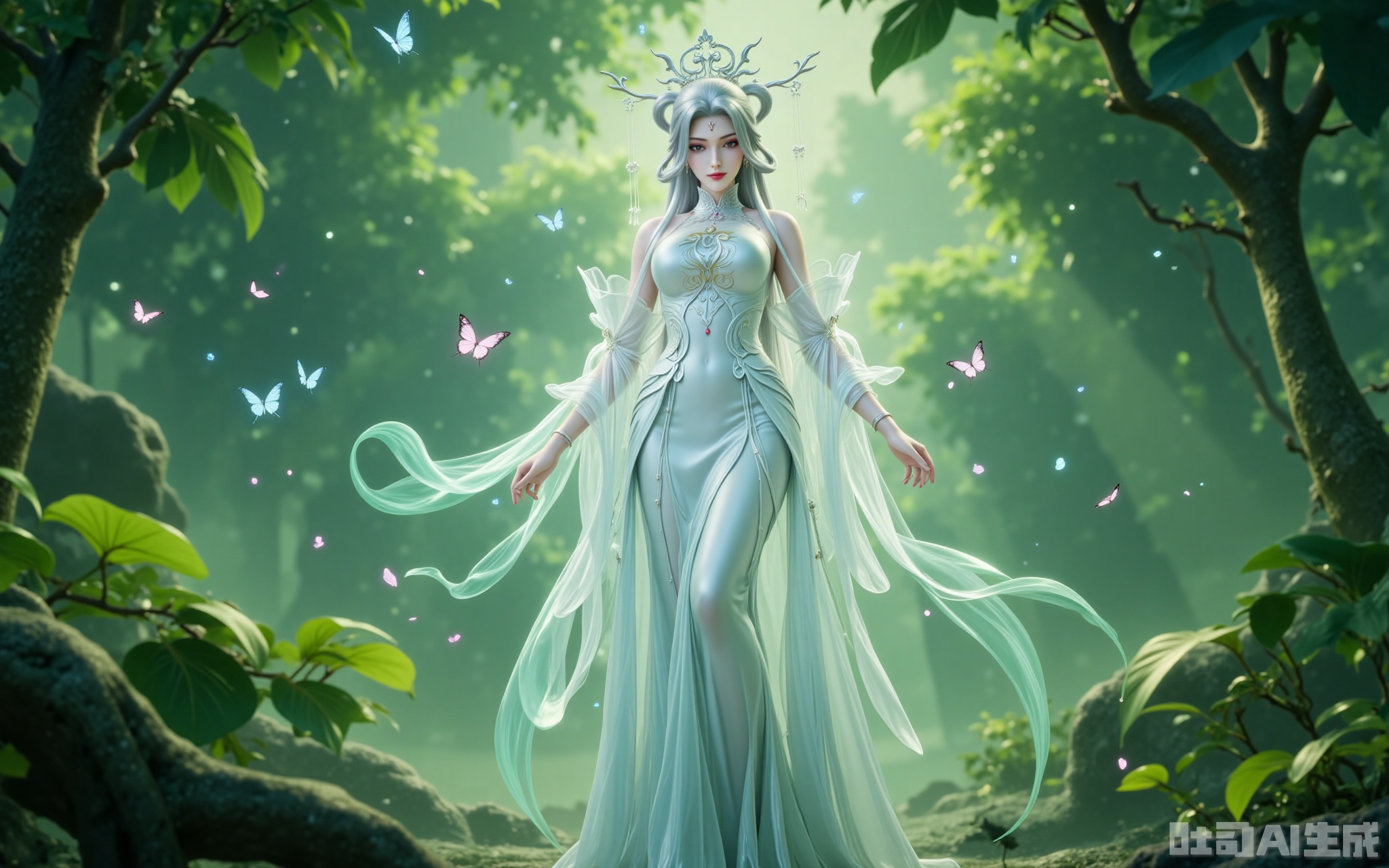 Bai from Zhu Xian walks through the verdant wilderness, her snow-white cheongsam glowing under the sun. Silvery hair cascades like liquid moonlight, while butterflies dance around her in ethereal patterns. Mystical energy shimmers in the air like scattered stardust, weaving an aura of celestial wonder into the lush landscape.., xiaobai,lvjing,baoshi