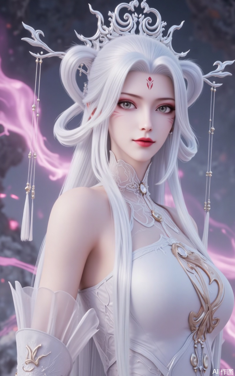lvjing,guoman,xiaobai,1girl,solo,long hair,white hair,dress,facial mark,hair ornament,bare shoulders,forehead mark,white dress,red lips,detached sleeves,hair rings,makeup,looking at viewer,hair stick,grey eyes,cover,gradient background,close-up details,outstanding style,adding a touch of dimension to your images without compromising details,close-up