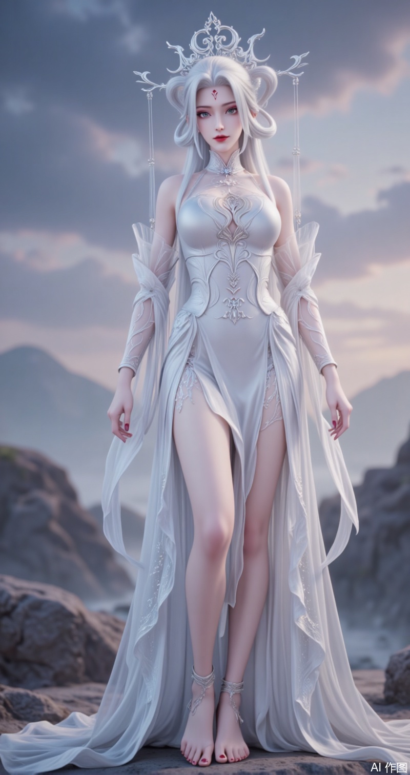 lvjing,xiaobai,1girl,solo,long hair,white hair,dress,facial mark,hair ornament,bare shoulders,forehead mark,white dress,red lips,detached sleeves,hair rings,makeup,looking at viewer,hair stick,grey eyes,1girl,toenail polish,barefoot,toenails,nail polish,anklet,feet,solo,dress,toes,jewelry,silver dress,legs,blurry,blurry background,foot focus,red nails,close-up,11,cover,gradient background,close-up details,outstanding style,adding a touch of dimension to your images without compromising details,close-up,