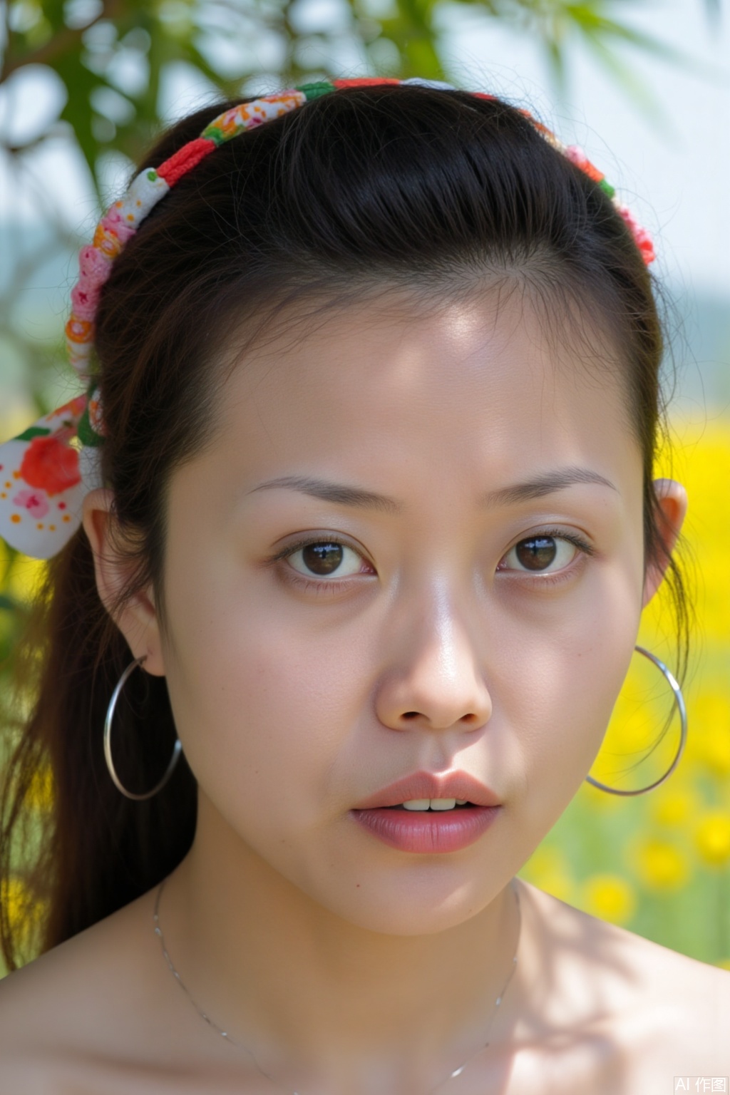 8K ultra-realistic, Polaroid Now film texture 1.3. Close-up of the face of a beautiful Chinese girl, long black straight hair shawl, floral hairband, natural makeup with coral lip gloss. In the ancient Hui style village in Wuyuan, Jiangxi Province, the diffuse soft light shines through the white walls and black tiles (4500K, light ratio 1:1.1) evenly illuminates the face. The bamboo plaques in the sunny autumn and the golden rapeseed fields can be seen in the background. The tone of the picture is fresh and soft, with slightly yellowing at the edges of the photo paper (yellowing degree 15%) and slightly obscene at the four corners (vibration radius 12%). Use the Olympus OM-1 camera with a 35mm f/2 lens, aperture f/3.2, shutter 1/150s to create an idyllic atmosphere