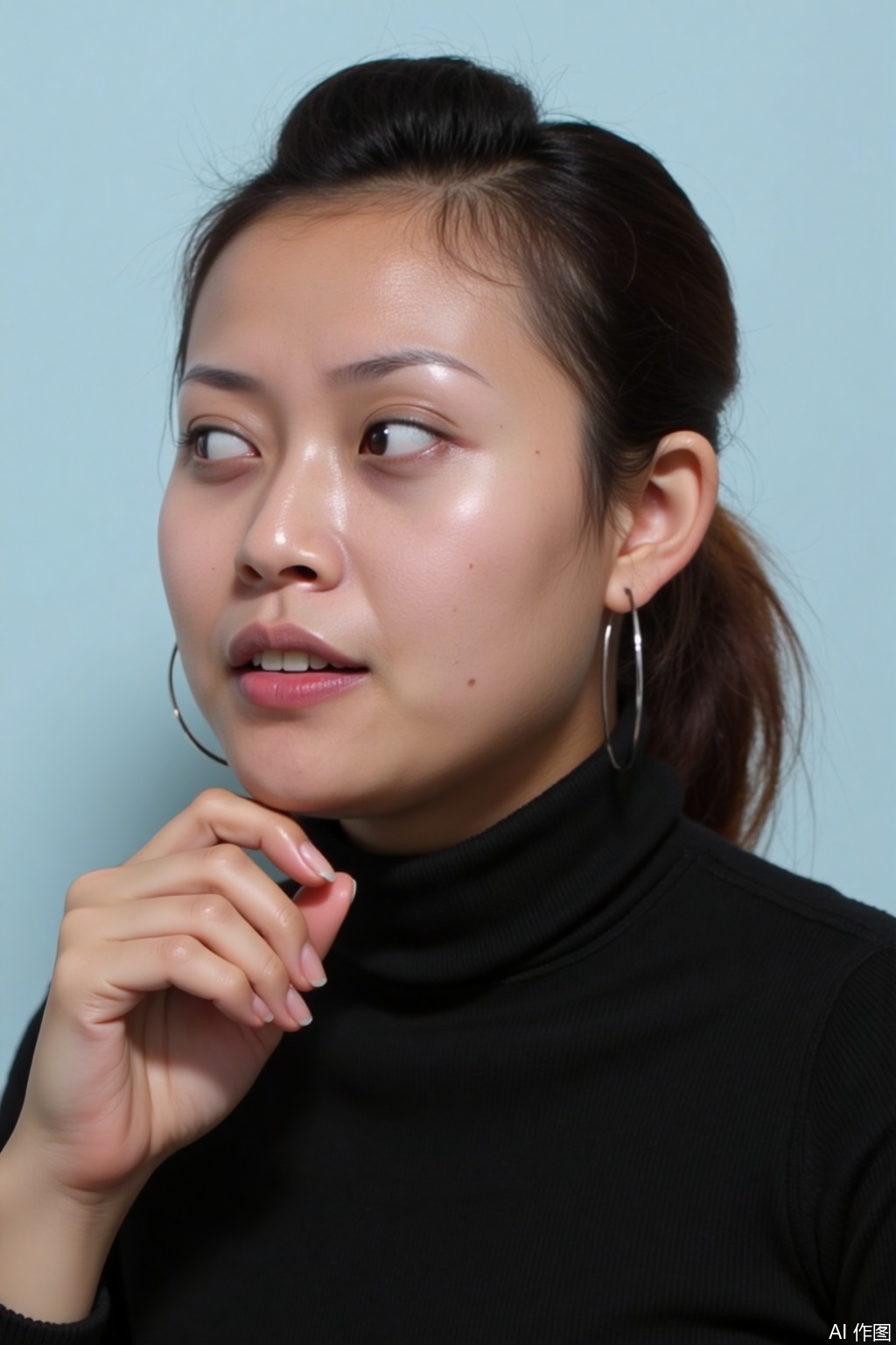 The image shows a young woman with long, dark hair styled in a loose manner. She is wearing a black turtleneck sweater and has her right hand gently touching her chin. The background is a soft, muted blue, providing a calm and serene atmosphere. The lighting is soft and even, highlighting her smooth skin and subtle makeup. The overall composition is minimalistic, focusing on the subject's face and upper body.
