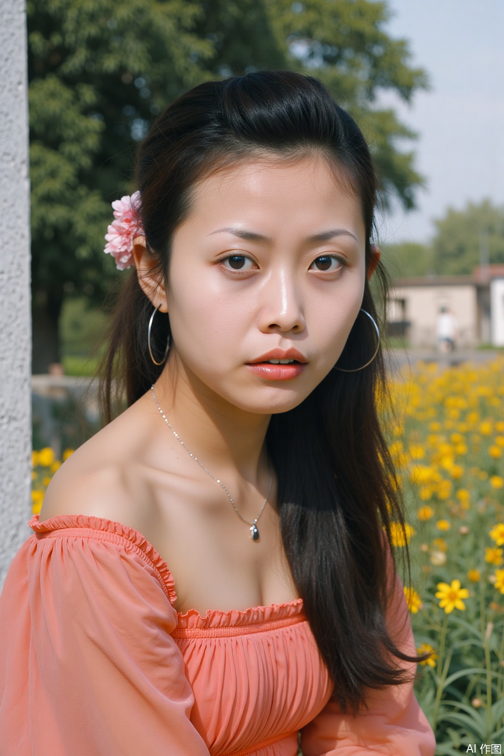 8K ultra-realistic, Polaroid Now film texture 1.3. Close-up of the face of a beautiful Chinese girl, long black straight hair shawl, floral hairband, natural makeup with coral lip gloss. In the ancient Hui style village in Wuyuan, Jiangxi Province, the diffuse soft light shines through the white walls and black tiles (4500K, light ratio 1:1.1) evenly illuminates the face. The bamboo plaques in the sunny autumn and the golden rapeseed fields can be seen in the background. The tone of the picture is fresh and soft, with slightly yellowing at the edges of the photo paper (yellowing degree 15%) and slightly obscene at the four corners (vibration radius 12%). Use the Olympus OM-1 camera with a 35mm f/2 lens, aperture f/3.2, shutter 1/150s to create an idyllic atmosphere