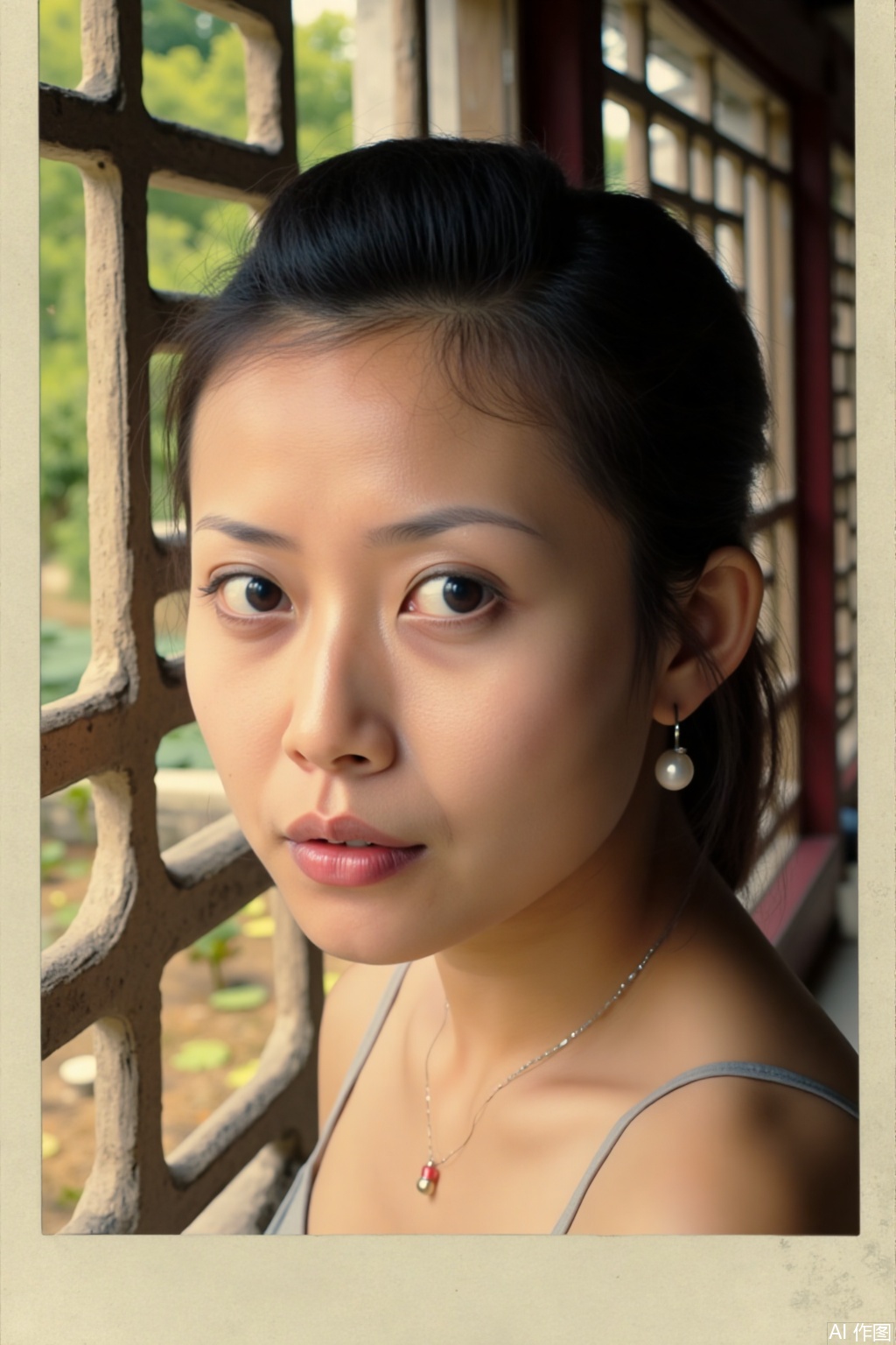 8K ultra-realistic, Polaroid 600 film texture 1.3. Close-up of the face of a beautiful Chinese girl, her long black hair tied into a low bun, with a pearl hairpin, willow-leaf eyebrows paired with bean paste lip makeup, and her cheeks are naturally blushed. Located in the waterside corridor of Suzhou Humble Administrator's Garden, the 45° warm light on the left is sprinkled on the face through the carved window lattice (3200K, light ratio 1:1.2). Behind you can see the winding pool water and swaying lotus flowers. The face is characterized by Polaroid’s warm yellow color cast, the edges of the photo paper are slightly curled (curling radius 3cm), and the surface is distributed with small scratches (density 0.15). Use the Canon AE-1 camera with a 50mm f/1.8 lens, aperture f/2.8, shutter 1/125s, to freeze the classical gentle temperament in the garden.