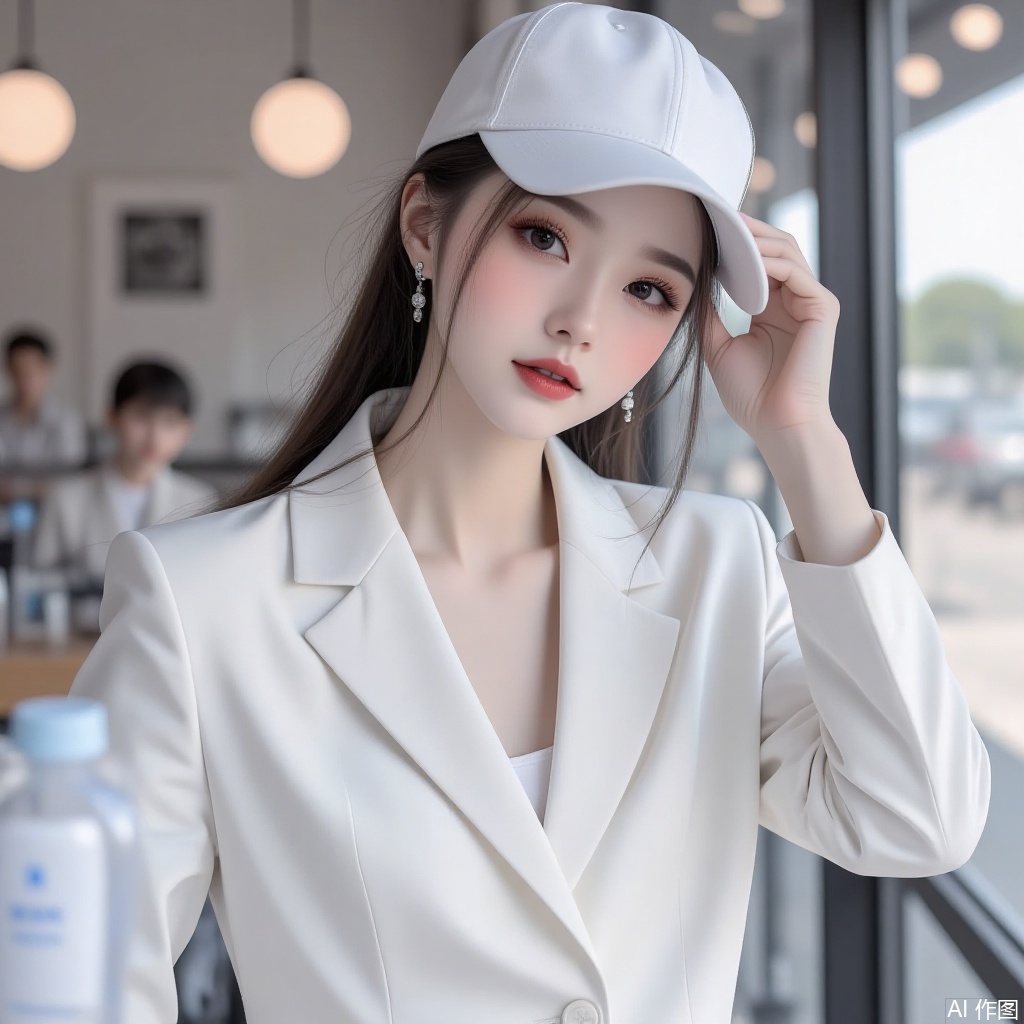 Wear a baseball cap, hold a mobile phone, white small fragrant style suit, selfie