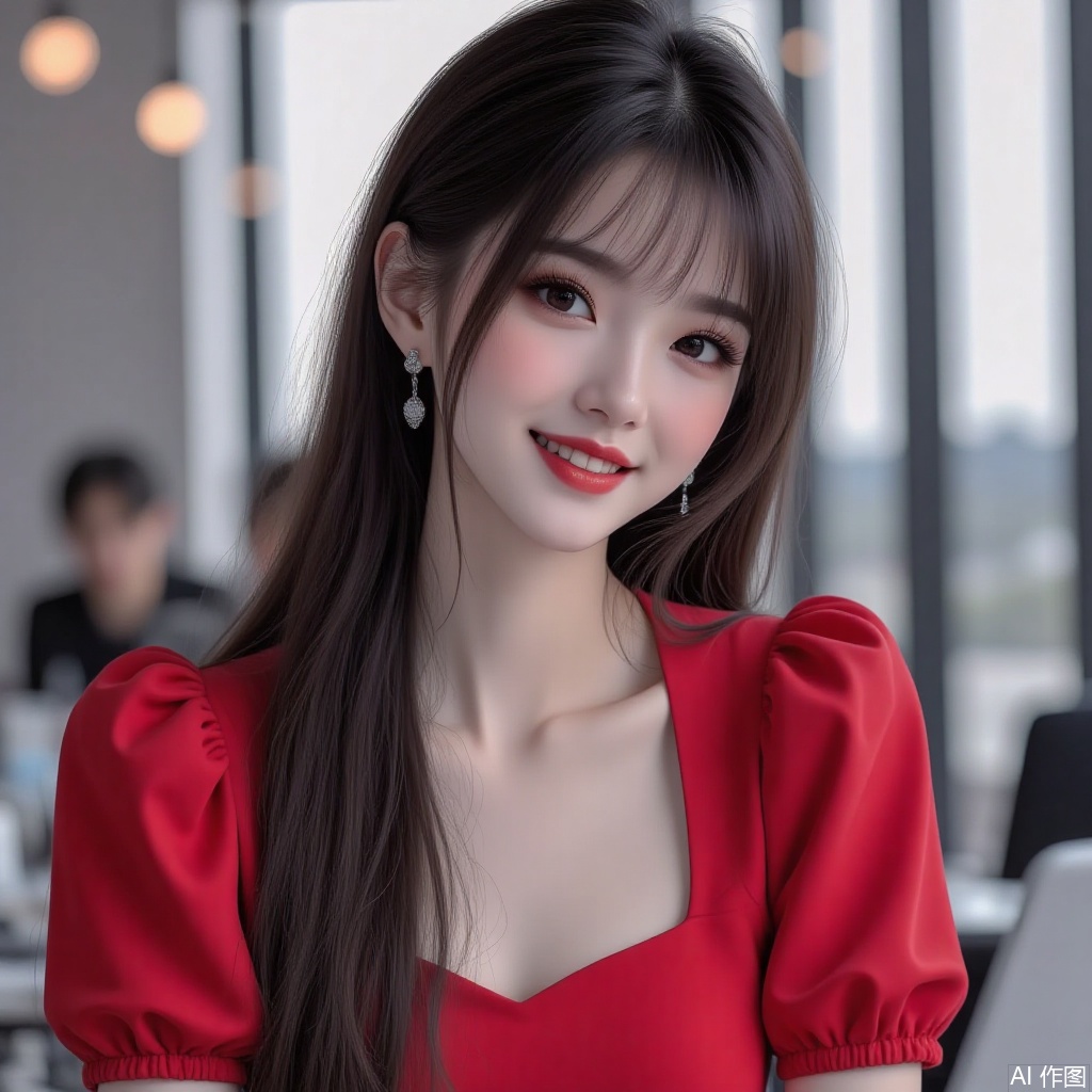 Bangs, long hair, red puff sleeve top, smile