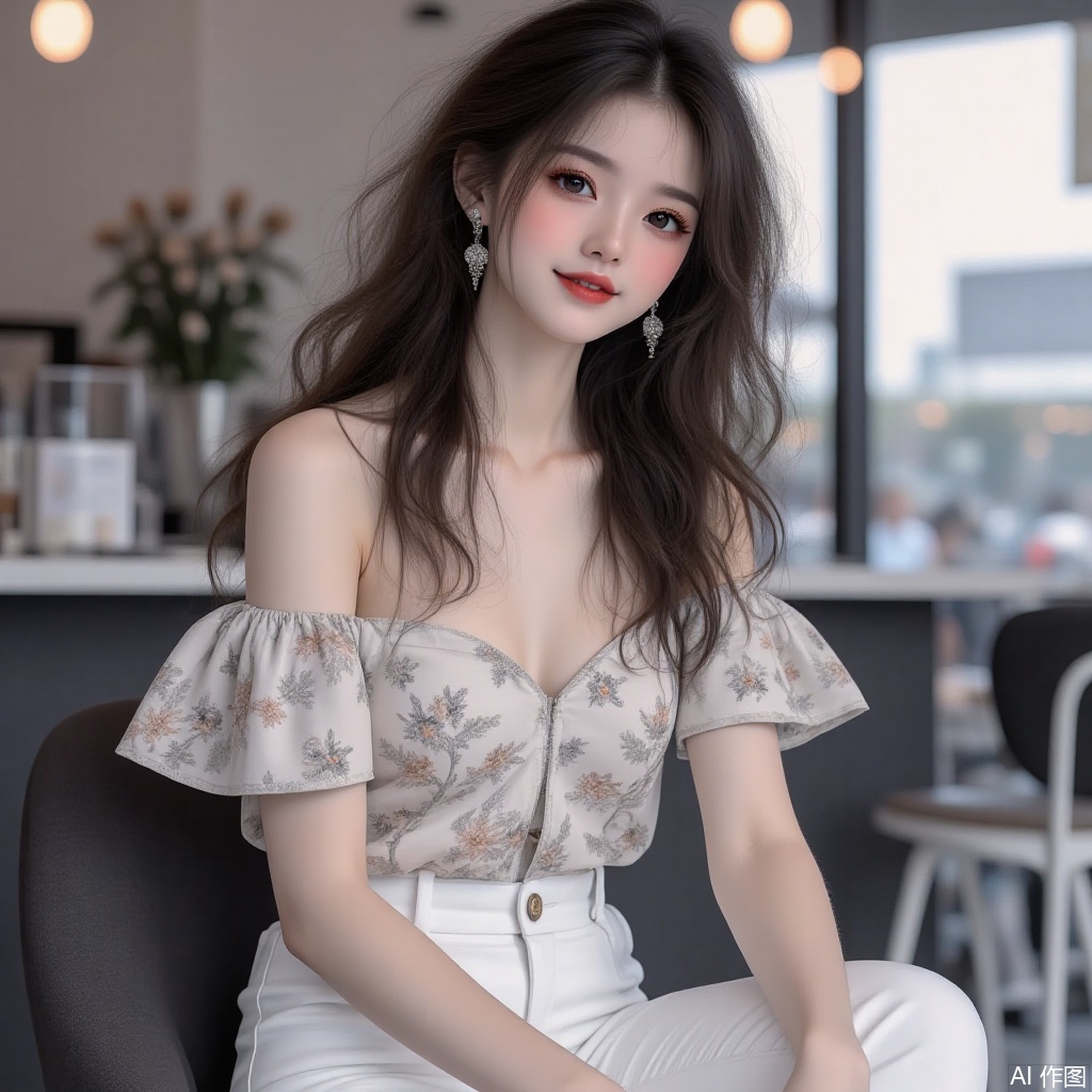 Slightly curly long hair, off-shoulder floral top, white pants, sitting in a cafe, smiling, gentle