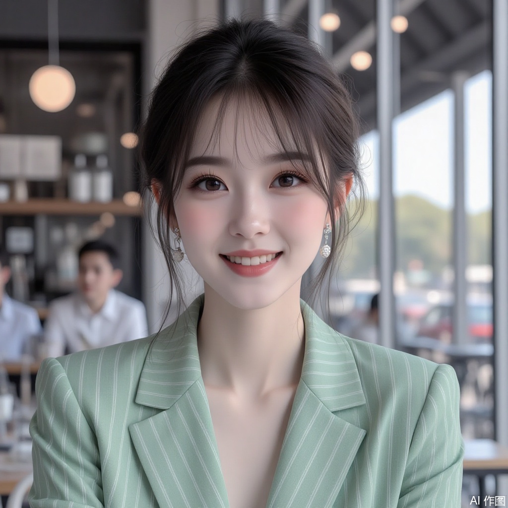 Green striped shirt, short hair, smile, cafe