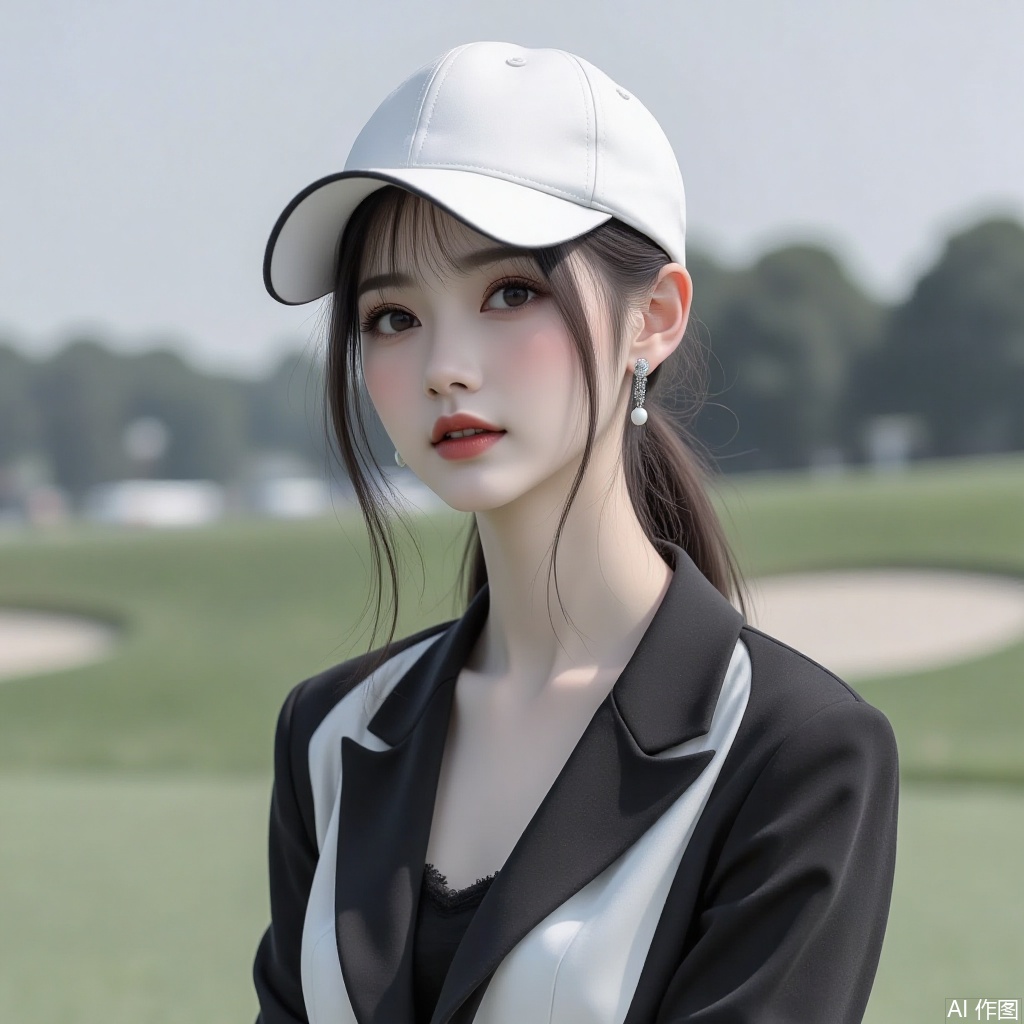Chinese women,Baseball cap, black and white sportswear suit, green grassland