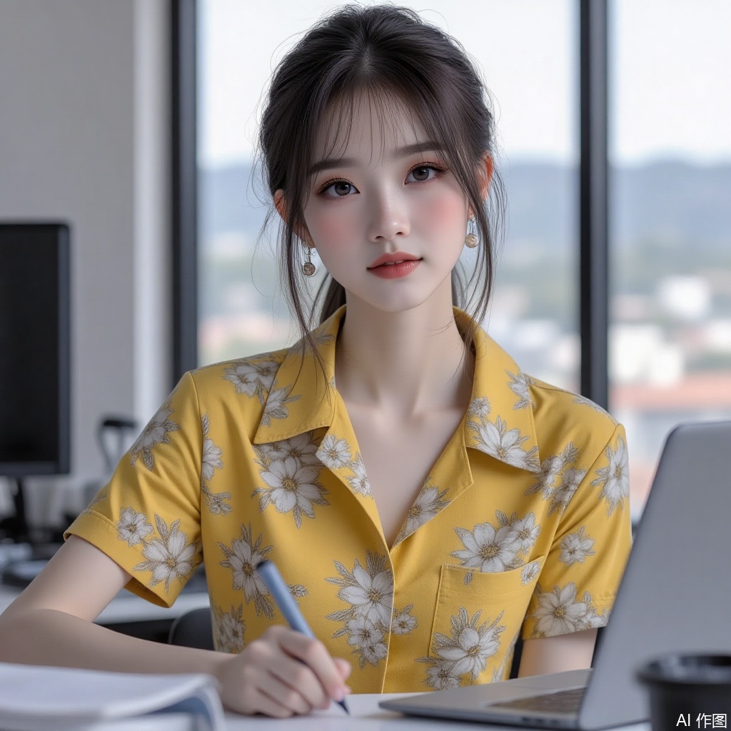 Student head, yellow floral shirt, motorcycle