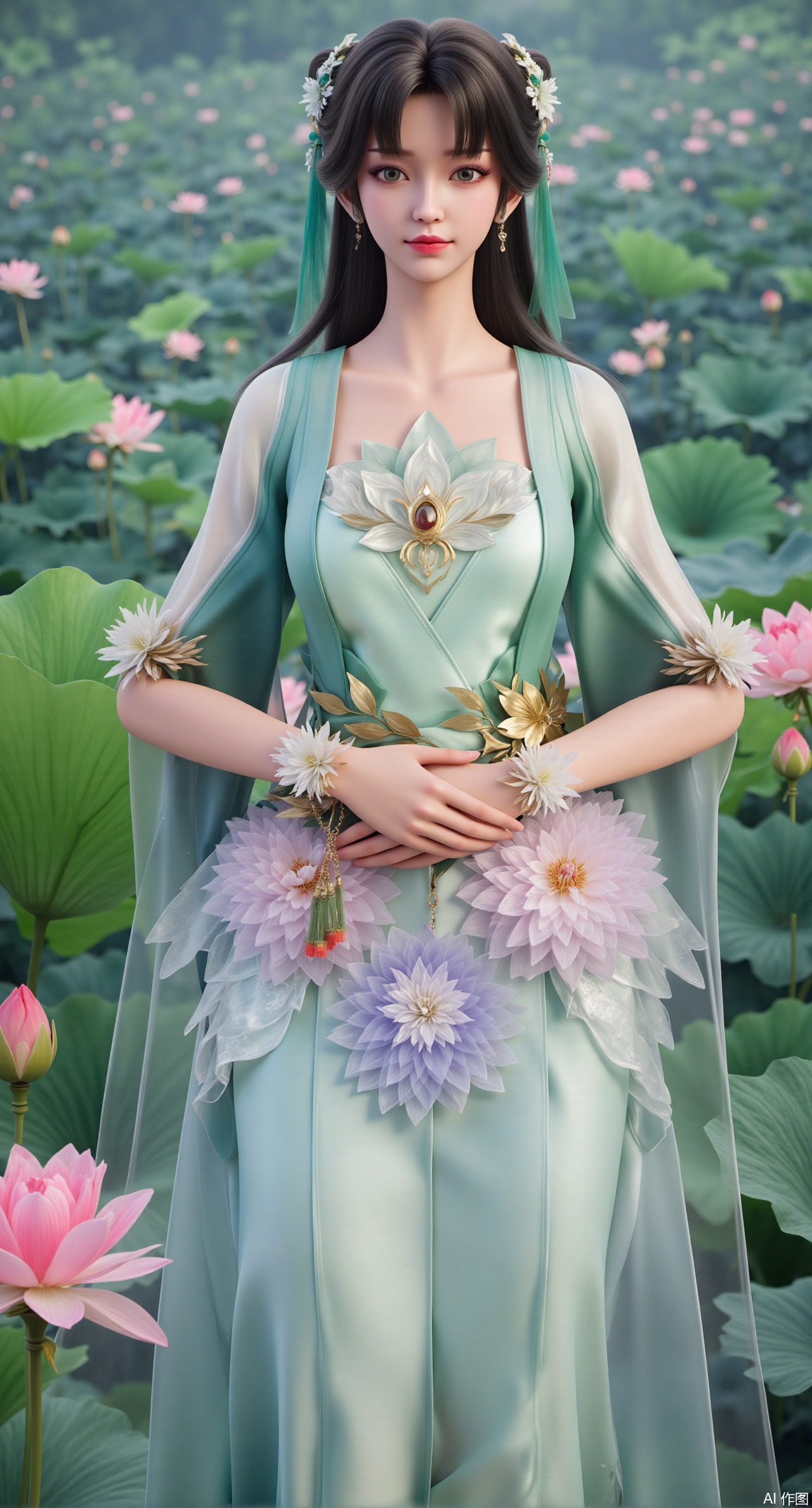 (masterpiece, best quality:1.2),1girl, navel, solo, midriff, bare shoulders, hair ornament,(long hair),(High double ponytail:1.49), red lips, BREAK, (looking at viewer:1.39), chinese clothes,(Holographic pink|green dress:1.36), (lace,Rainbow Gradient Color:1.28), BREAK,blurry, solo focus, long hair, lips, daytime, lipstick, outdoors, standing,upper body,(huge breasts:2.89), background, solo, makeup,(Liquid glass style flowers:1.49),(huge breasts:2.99),(full breasts:2.99),,(Background with lotus pond and pink lotus flowers:1.39),,Xdongjixiaofu,Xlanbaixiaofu,XkjwjlzyY,XLiquidGlass,XiPhone17Pro,Xshuilian,XzhuxianbiyaoX