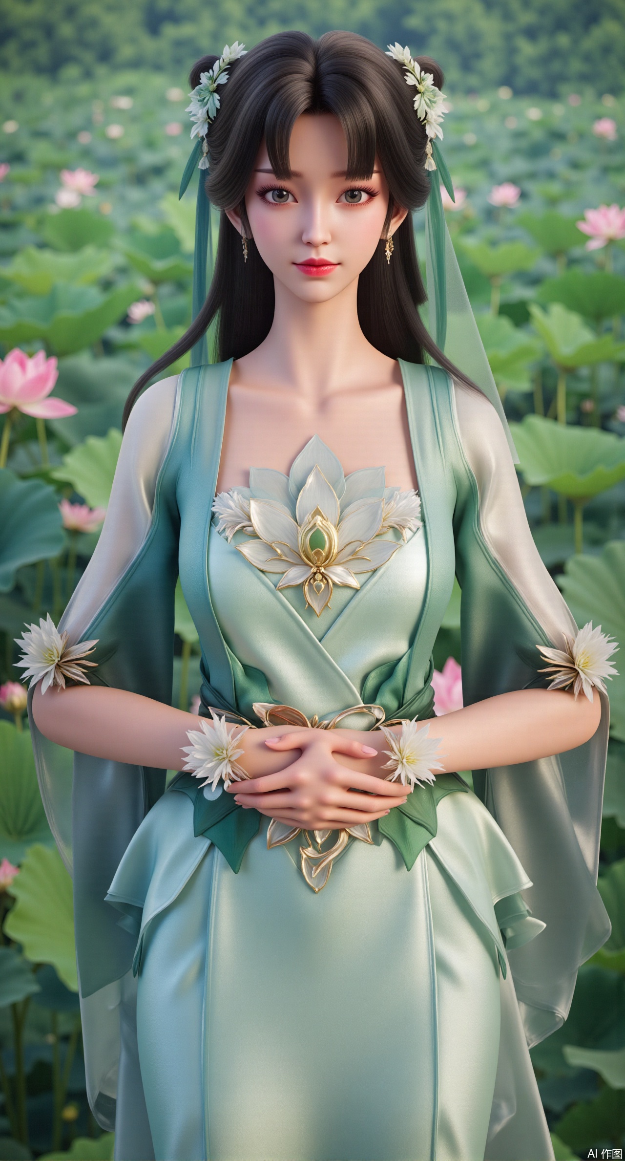 (masterpiece, best quality:1.2),1girl, navel, solo, midriff, bare shoulders, hair ornament,(long hair),(High double ponytail:1.49), red lips, BREAK, (looking at viewer:1.39), chinese clothes,(Holographic pink|green dress:1.36), (lace,Rainbow Gradient Color:1.28), BREAK,blurry, solo focus, long hair, lips, daytime, lipstick, outdoors, standing,upper body,(huge breasts:2.89), background, solo, makeup,(Liquid glass style flowers:1.49),(huge breasts:2.99),(full breasts:2.99),,(Background with lotus pond and pink lotus flowers:1.39),,Xdongjixiaofu,Xlanbaixiaofu,XkjwjlzyY,XLiquidGlass,XiPhone17Pro,Xshuilian,XzhuxianbiyaoX