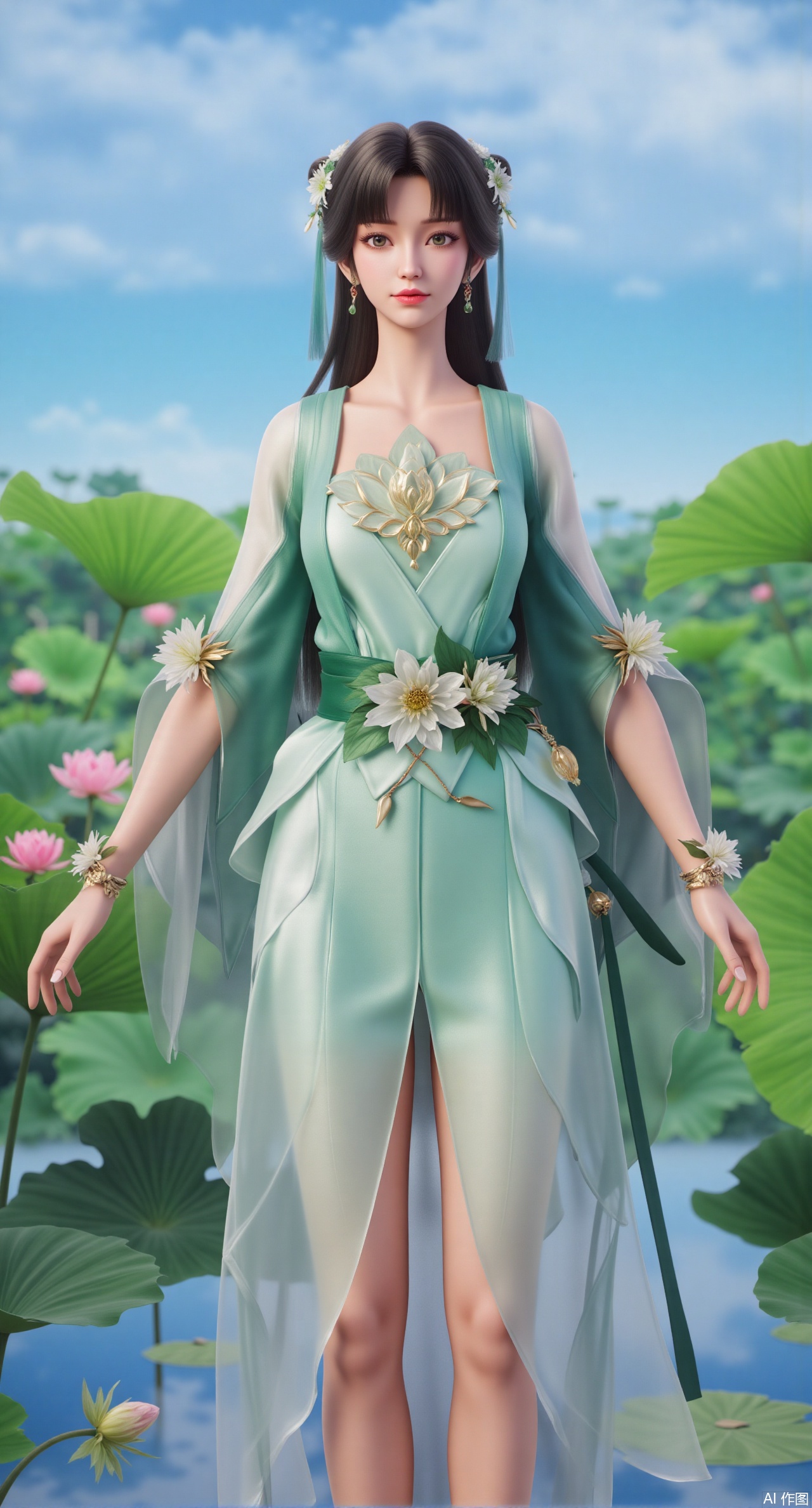 (masterpiece:1.2),best quality,(UE5.5,rendered with Unreal Engine 5,Unreal Engine 5,CG rendering:1.1),original,extremely detailed wallpaper,perfect lighting,1girl,solo,standing,(huge breasts:2.69),(full breasts:2.59),,looking at viewer,(cowboy_shot:1.1),long hair,high heels,blurry background,depth of field,motion blur,long dress,china_dress,chinese_style,bare shouders,crystal_earrings,headpiece,hair_tie,chest_jewel,gem,necklace,jewelry,in summer,day,outdoors,nature,sea,(Liquid glass style flowers,beach:1.49),(huge breasts:2.99),(full breasts:2.99),,(Background with lotus pond and pink lotus flowers:1.39),,Xdongjixiaofu,Xlanbaixiaofu,XkjwjlzyY,XLiquidGlass,XiPhone17Pro,Xshuilian,XzhuxianbiyaoX