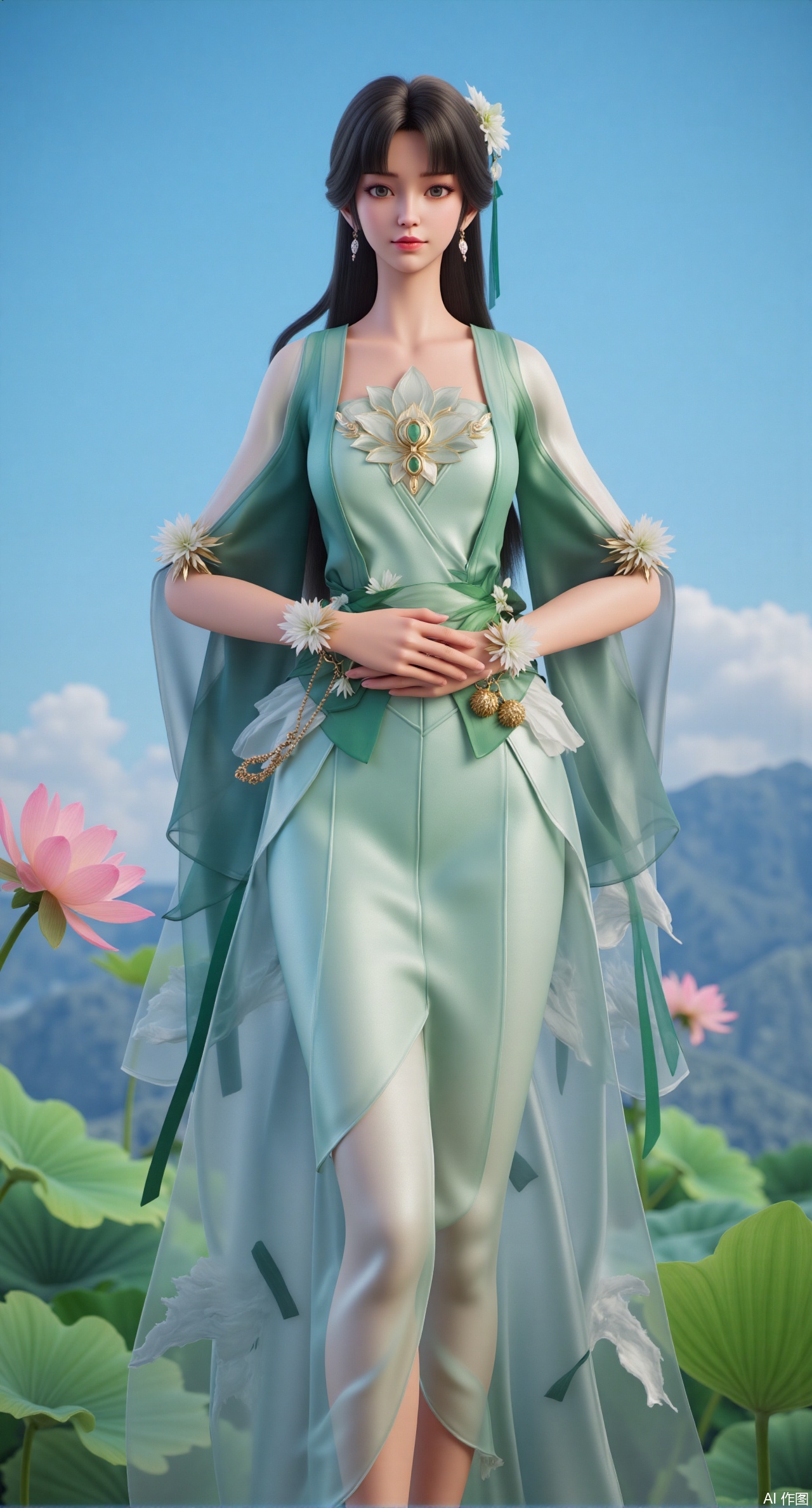 (masterpiece:1.2),best quality,(UE5.5,rendered with Unreal Engine 5,Unreal Engine 5,CG rendering:1.1),original,extremely detailed wallpaper,perfect lighting,1girl,solo,standing,(huge breasts:2.69),(full breasts:2.59),,looking at viewer,(cowboy_shot:1.1),long hair,high heels,blurry background,depth of field,motion blur,long dress,china_dress,chinese_style,bare shouders,crystal_earrings,headpiece,hair_tie,chest_jewel,gem,necklace,jewelry,in summer,day,outdoors,nature,sea,(rose,beach:1.49),(huge breasts:2.99),(full breasts:2.99),,(Background with lotus pond and pink lotus flowers:1.39),,Xdongjixiaofu,Xlanbaixiaofu,XkjwjlzyY,XLiquidGlass,XiPhone17Pro,Xshuilian,XzhuxianbiyaoX