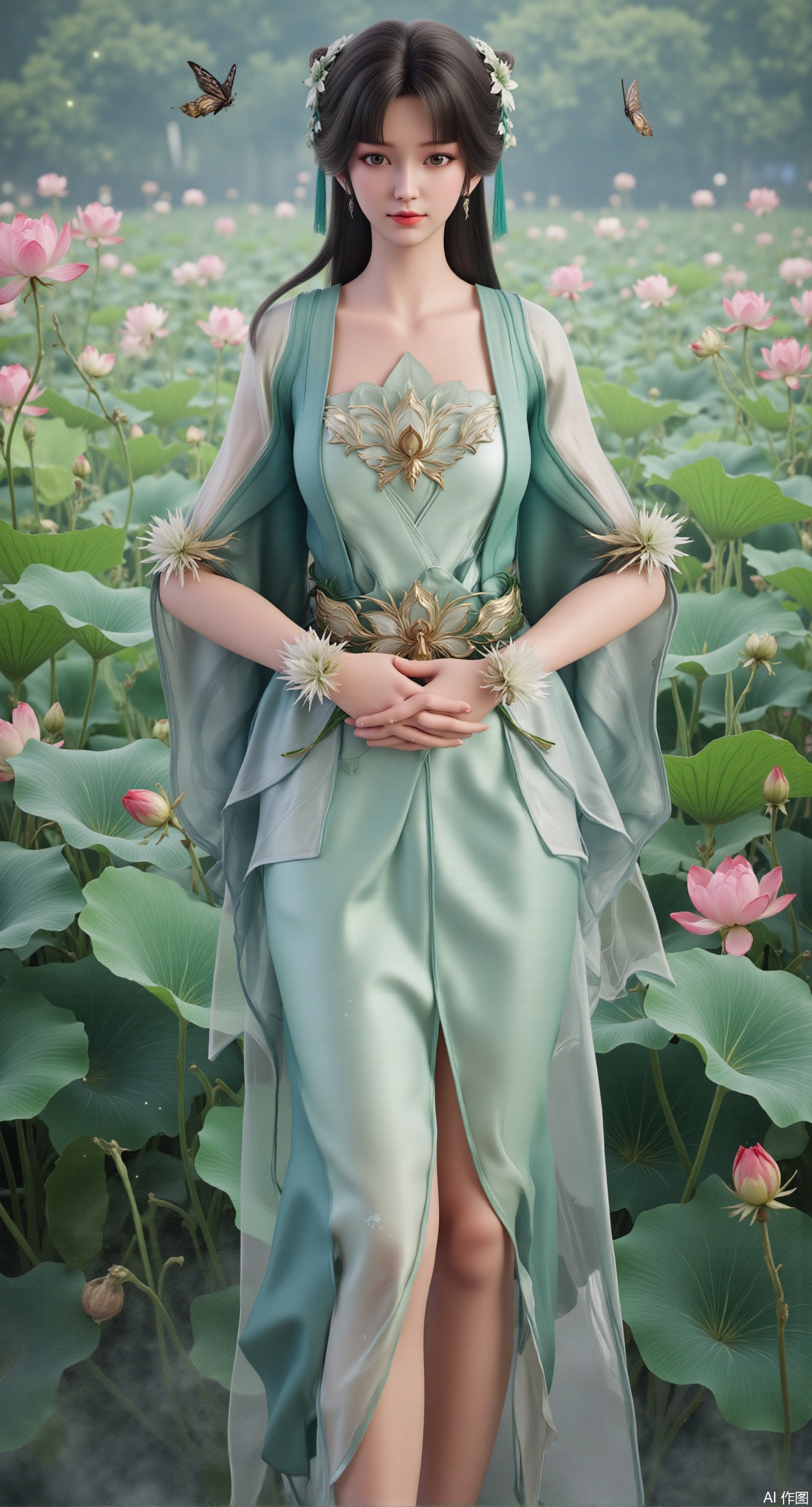 (masterpiece, best quality:1.2), highres, extremely detailed, 1girl,(hanfu dress:1.26),looking at viewer,indoors, (big breasts:2.69),Depth of field,garden of the sun,shiny,flowers, garden, 1girl, (Lotus:1.39), (butterflies, ultra detailed, glary,Light, light particles,glitter,reflect:1.29),(Liquid glass style flowers:1.49),(huge breasts:2.99),(full breasts:2.99),,(Background with lotus pond and pink lotus flowers:1.39),,Xdongjixiaofu,Xlanbaixiaofu,XkjwjlzyY,XLiquidGlass,XiPhone17Pro,Xshuilian,XzhuxianbiyaoX,Xzhanguopao,Xvangoghstyle