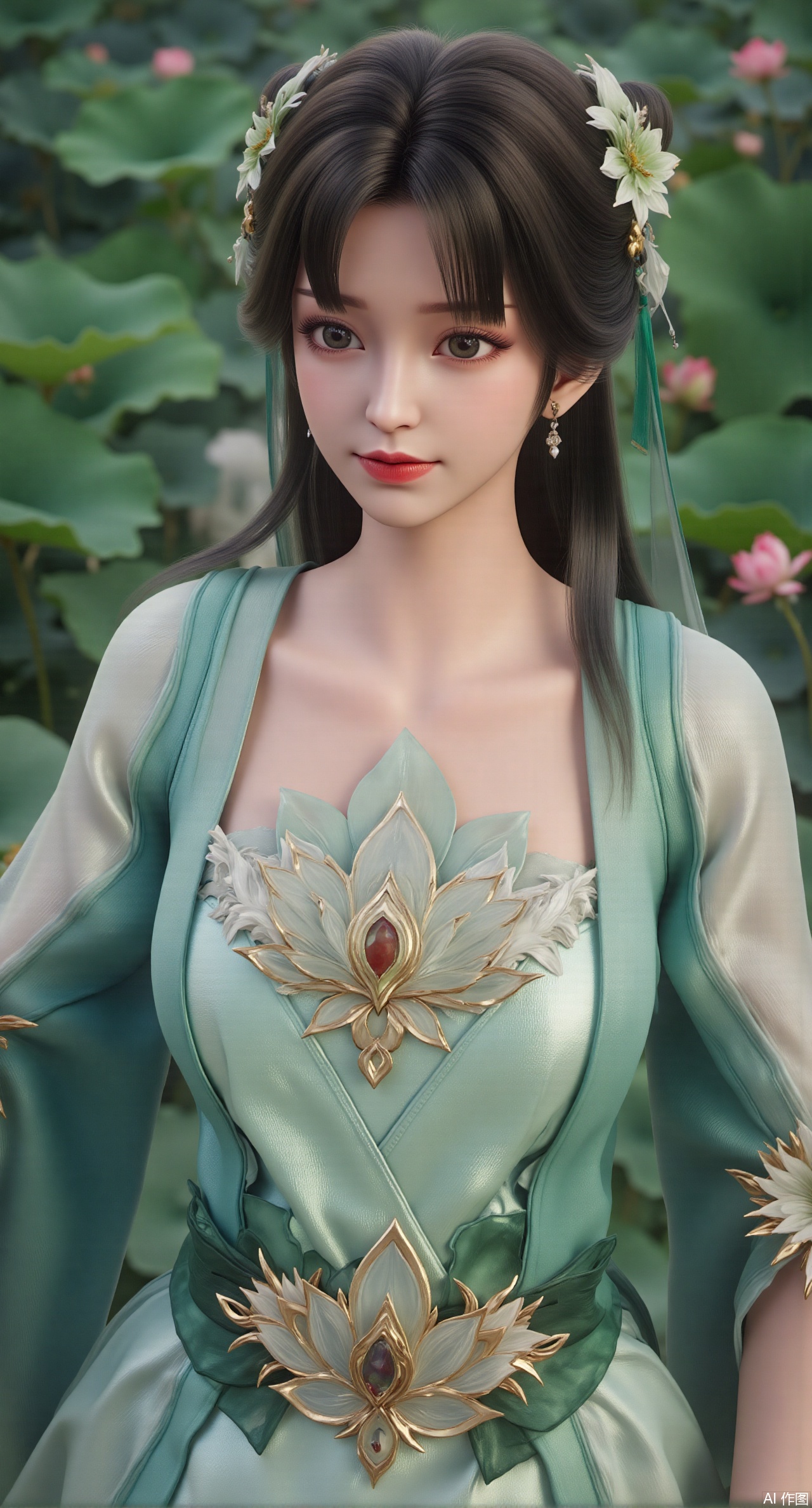(masterpiece, best quality:1.2),1girl, navel, solo, midriff, bare shoulders, hair ornament,(long hair),(High double ponytail:1.49), red lips, BREAK, (looking at viewer:1.39), chinese clothes,(Holographic pink|green dress:1.36), (lace,Rainbow Gradient Color:1.28), BREAK,blurry, solo focus, long hair, lips, daytime, lipstick, outdoors, standing,upper body,(huge breasts:2.89), background, solo, makeup,(Liquid glass style flowers:1.49),(huge breasts:2.99),(full breasts:2.99),,(Background with lotus pond and pink lotus flowers:1.39),,Xdongjixiaofu,Xlanbaixiaofu,XkjwjlzyY,XLiquidGlass,XiPhone17Pro,Xshuilian,XzhuxianbiyaoX,Xzhanguopao,Xvangoghstyle