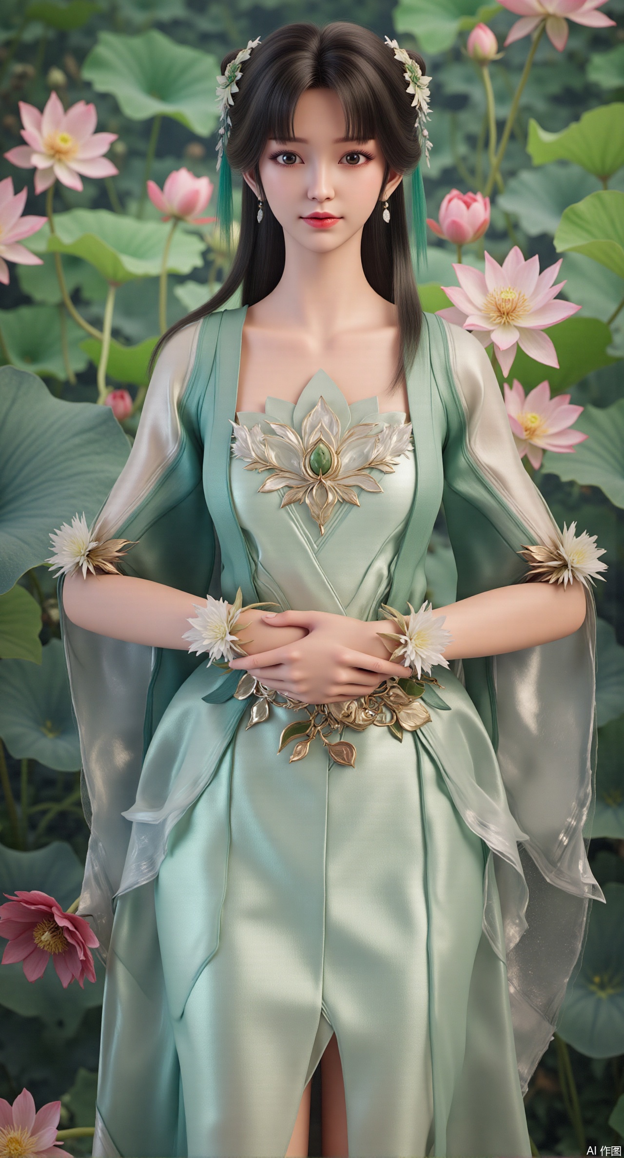 (masterpiece, best quality:1.2),1girl, navel, solo, midriff, bare shoulders, hair ornament,(long hair),(High double ponytail:1.49), red lips, BREAK, (looking at viewer:1.39), chinese clothes,(Holographic pink|green dress:1.36), (lace,Rainbow Gradient Color:1.28), BREAK,blurry, solo focus, long hair, lips, daytime, lipstick, outdoors, standing,upper body,(huge breasts:2.89), background, solo, makeup,(Liquid glass style flowers:1.49),(huge breasts:2.99),(full breasts:2.99),,(Background with lotus pond and pink lotus flowers:1.39),,Xdongjixiaofu,Xlanbaixiaofu,XkjwjlzyY,XLiquidGlass,XiPhone17Pro,Xshuilian,XzhuxianbiyaoX,Xzhanguopao,Xvangoghstyle