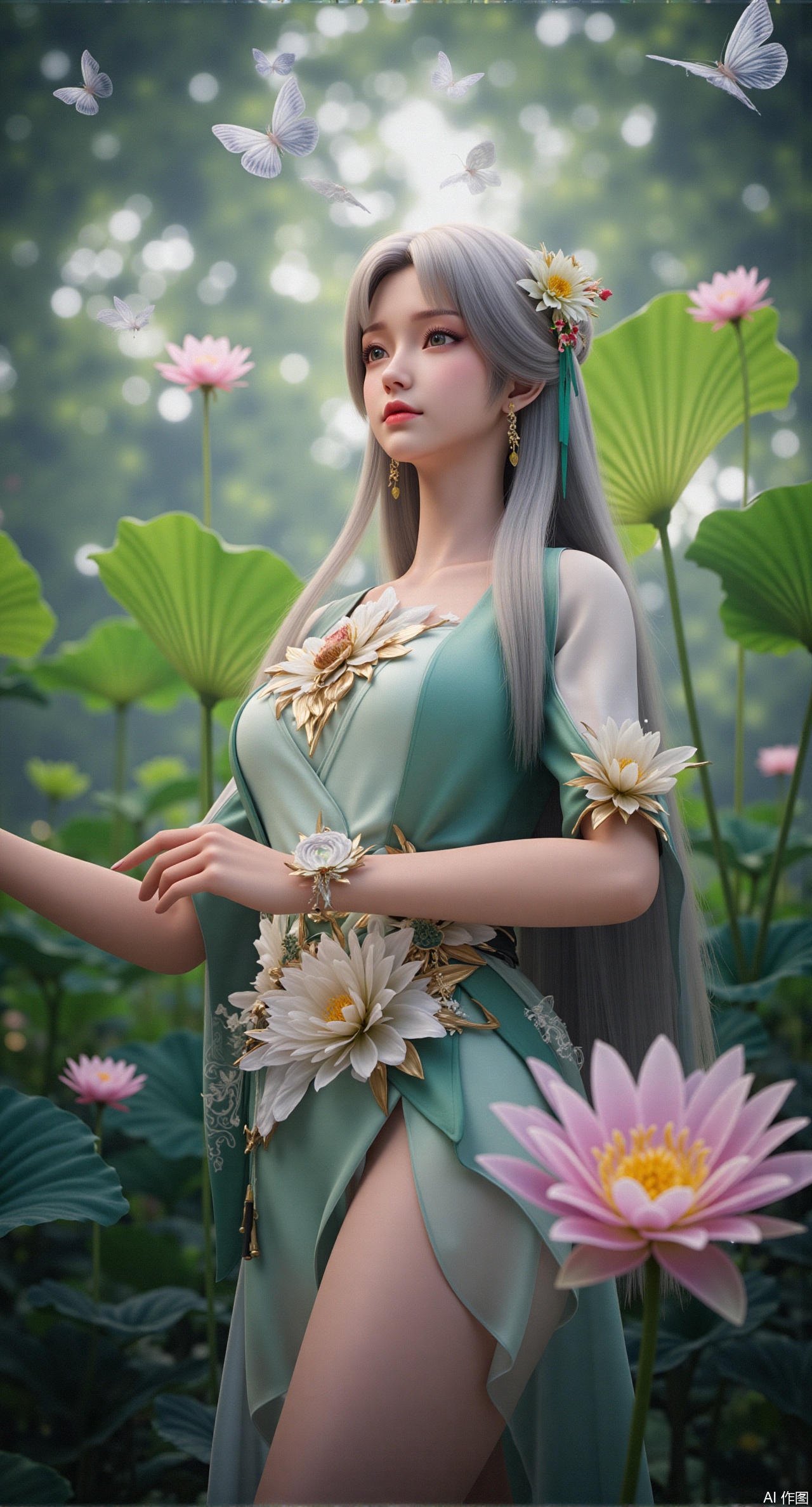 (masterpiece, best quality:1.2), highres, extremely detailed, 1girl,looking at viewer,indoors, (big breasts:2.69),Depth of field,garden of the sun,shiny,flowers, garden, 1girl, (Lotus:1.39), (butterflies, ultra detailed, glary,Light, light particles,glitter,reflect:1.29),,Xdongjixiaofu,Xlanbaixiaofu,XkjwjlzyY,XLiquidGlass,XiPhone17Pro,Xshuilian,XzhuxianbiyaoX