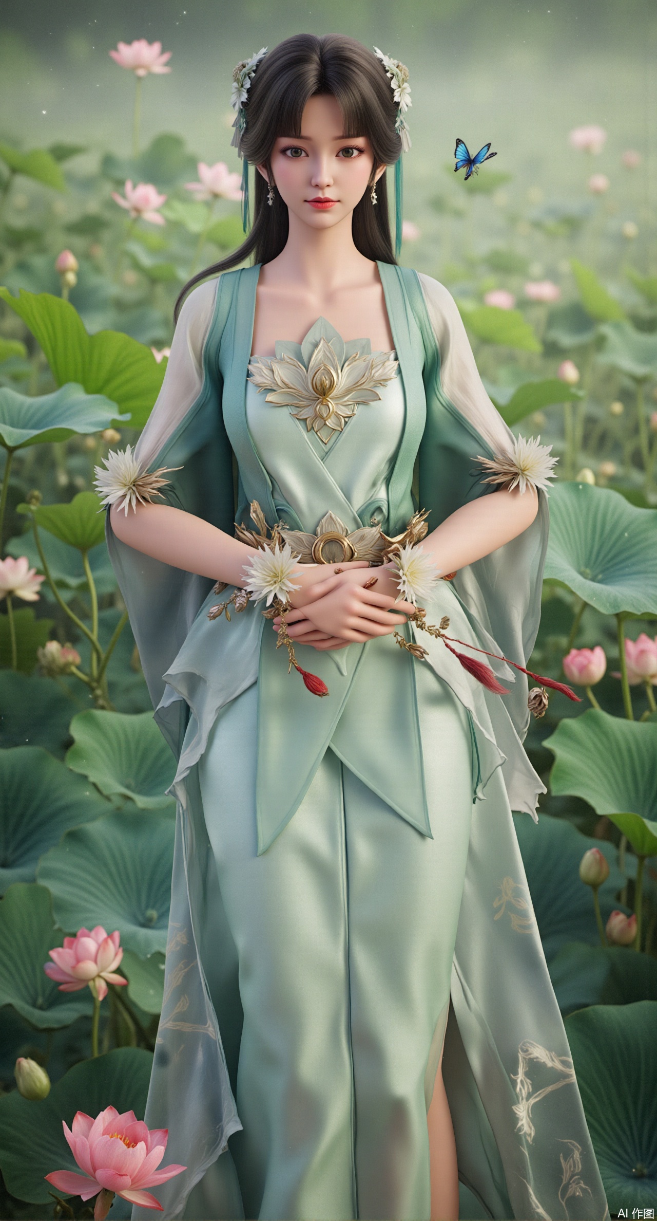 (masterpiece, best quality:1.2), highres, extremely detailed, 1girl,(hanfu dress:1.26),looking at viewer,indoors, (big breasts:2.69),Depth of field,garden of the sun,shiny,flowers, garden, 1girl, (Lotus:1.39), (butterflies, ultra detailed, glary,Light, light particles,glitter,reflect:1.29),(Liquid glass style flowers:1.49),(huge breasts:2.99),(full breasts:2.99),,(Background with lotus pond and pink lotus flowers:1.39),,Xdongjixiaofu,Xlanbaixiaofu,XkjwjlzyY,XLiquidGlass,XiPhone17Pro,Xshuilian,XzhuxianbiyaoX,Xzhanguopao,Xvangoghstyle