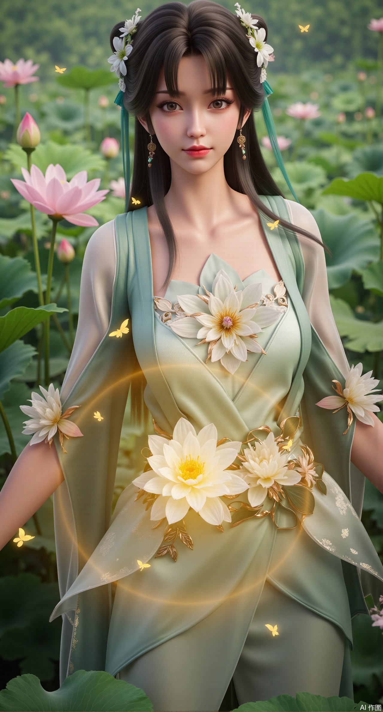 (masterpiece, best quality:1.2), highres, extremely detailed, 1girl,looking at viewer,indoors, (big breasts:2.69),Depth of field,garden of the sun,shiny,flowers, garden, 1girl, (Lotus:1.39), (butterflies, ultra detailed, glary,Light, light particles,glitter,reflect:1.29),,Xdongjixiaofu,Xlanbaixiaofu,XkjwjlzyY,XLiquidGlass,XiPhone17Pro,Xshuilian,XzhuxianbiyaoX