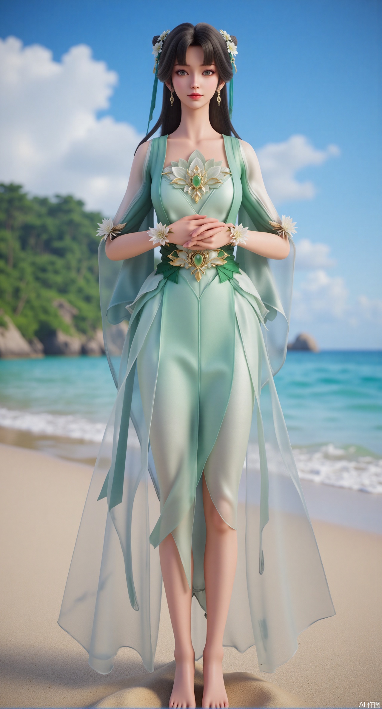 (masterpiece:1.2),best quality,(UE5.5,rendered with Unreal Engine 5,Unreal Engine 5,CG rendering:1.1),original,extremely detailed wallpaper,perfect lighting,1girl,solo,standing,(huge breasts:2.69),(full breasts:2.59),,looking at viewer,(cowboy_shot:1.1),long hair,high heels,blurry background,depth of field,motion blur,long dress,china_dress,chinese_style,bare shouders,crystal_earrings,headpiece,hair_tie,chest_jewel,gem,necklace,jewelry,in summer,day,outdoors,nature,sea,(Liquid glass style flowers,beach:1.49),(huge breasts:2.99),(full breasts:2.99),,(Background with lotus pond and pink lotus flowers:1.39),,Xdongjixiaofu,Xlanbaixiaofu,XkjwjlzyY,XLiquidGlass,XiPhone17Pro,Xshuilian,XzhuxianbiyaoX