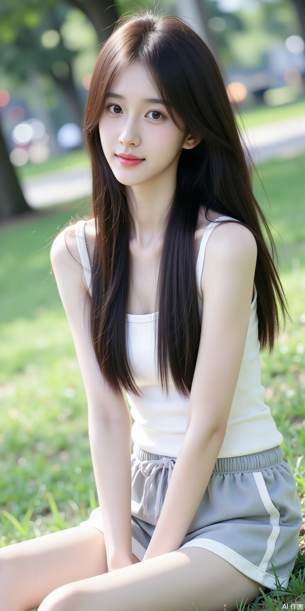 The image shows a young woman sitting on the grass in a park. She is wearing a white sleeveless top and light gray shorts with white trim, and her long straight hair cascades over her shoulders. The background is blurred by shallow depth of field, with hints of greenery and possibly buildings or structures in the distance. The lighting is soft and natural, creating a serene and pleasant atmosphere in the scene.