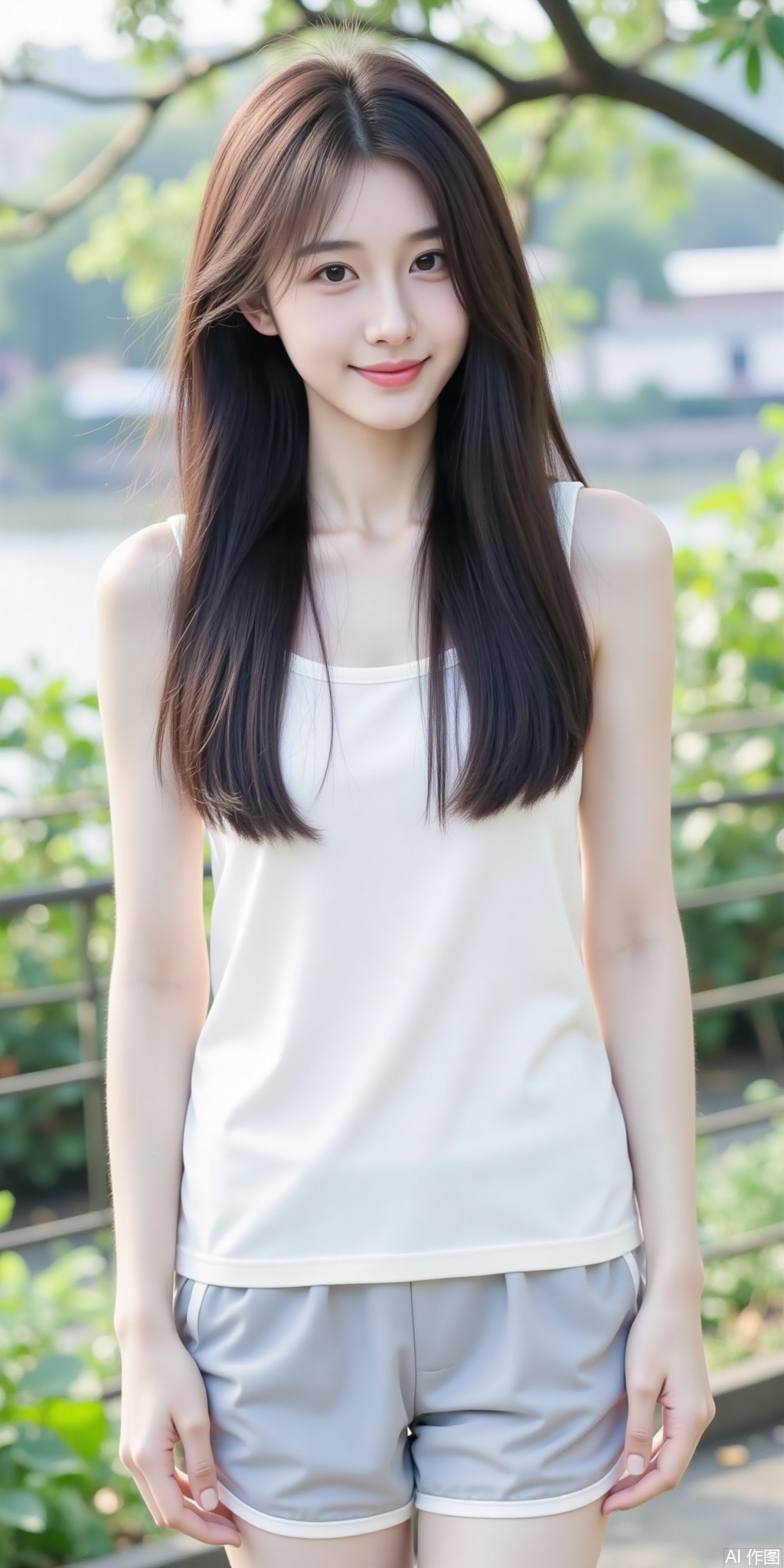 The image shows a young woman standing outdoors. She is wearing a white sleeveless top and light gray shorts with white trim. Her hair is long and straight, falling over her shoulders. The background is blurred, suggesting a shallow depth of field, with hints of greenery and possibly buildings or structures in the distance. The lighting is soft and natural, giving the image a serene and pleasant atmosphere. 