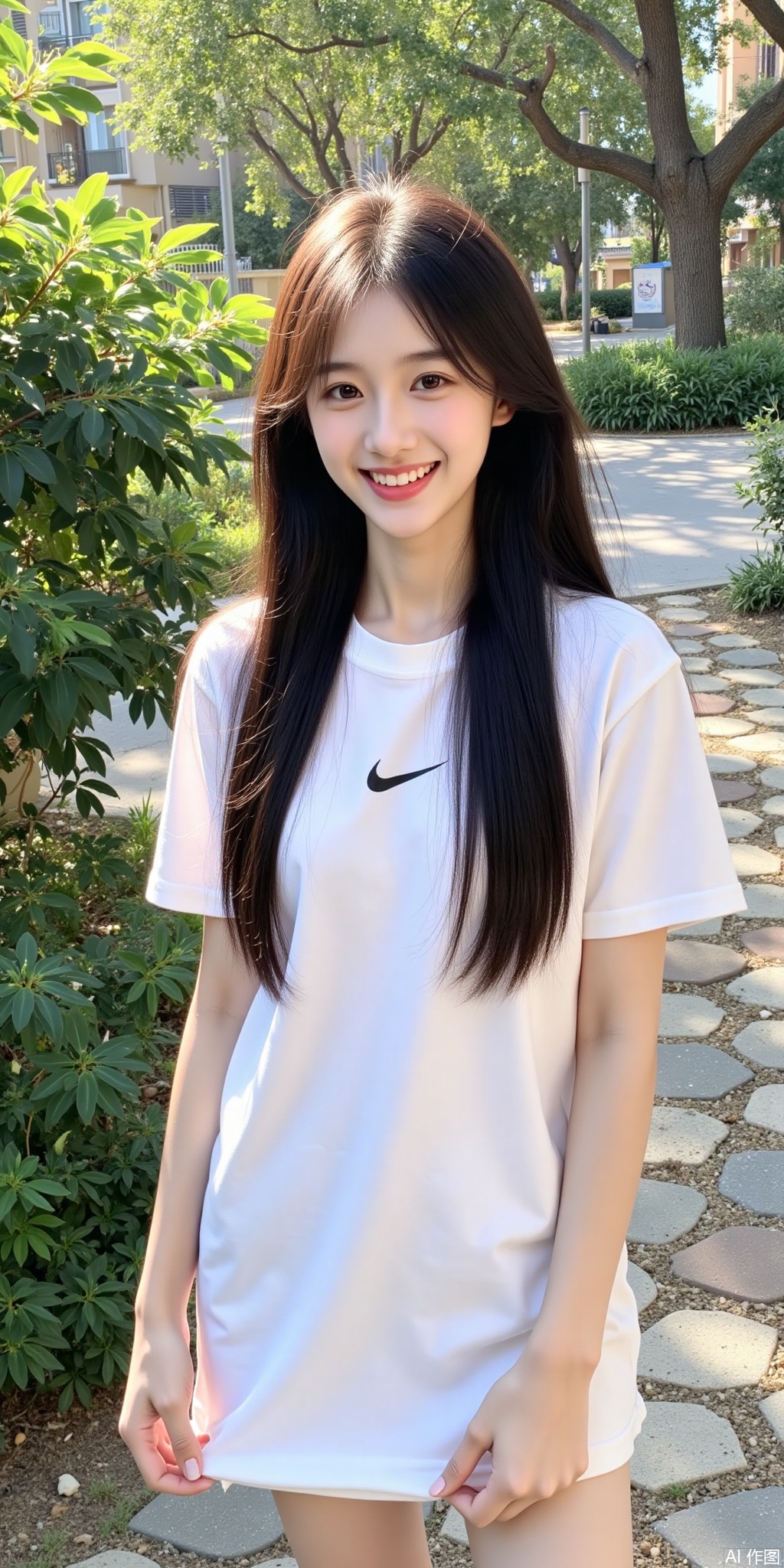 This photo is of a young Asian woman standing outdoors in a sunny residential area. She has long straight hair hanging over her shoulders, smiling warmly at the camera. She is wearing a white T-shirt with the Nike logo on the front, and holding the hem of the shirt with her left hand. This woman has fair skin and a slim figure.  

The background shows the park. On the left, you can see lush green plants and leaves, adding a natural and peaceful atmosphere to the scene. The ground is paved with various irregular gray, brown, and white stone bricks.  

The warm sunshine shines, highlighting the characteristics of women and the texture of the surrounding environment. The overall atmosphere of the photo is cheerful and relaxed, capturing a charming and possibly Mediterranean style moment of leisure in daily life at home.