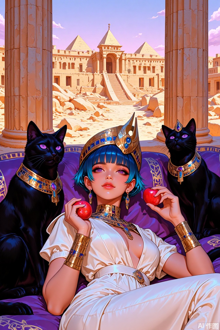 The image is an illustration of a young woman with blue hair and a crown on her head, sitting on a purple couch with two black cats on either side of her
She is wearing a white dress with gold accents and jewelry, including a necklace and earrings
The woman is holding a red apple in her hand and is looking at the camera with a serious expression
In the background, there are ancient Egyptian ruins with columns and pyramids
The sky is blue and the overall mood of the image is peaceful and serene.