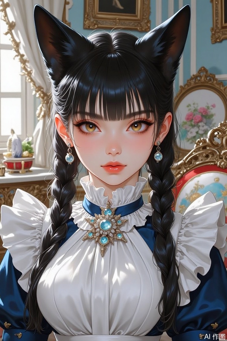 The image is a digital illustration of a young girl with long black hair styled in two large cat ears on her head
She is wearing a blue and white dress with a high collar and a large brooch in the center
The dress has a ruffled collar and is cinched at the waist with a white ribbon
The girl has a serious expression on her face and is looking directly at the camera
The background is a room with ornate furniture and a window with white curtains
The overall style of the illustration is reminiscent of a Victorian or Victorian era.