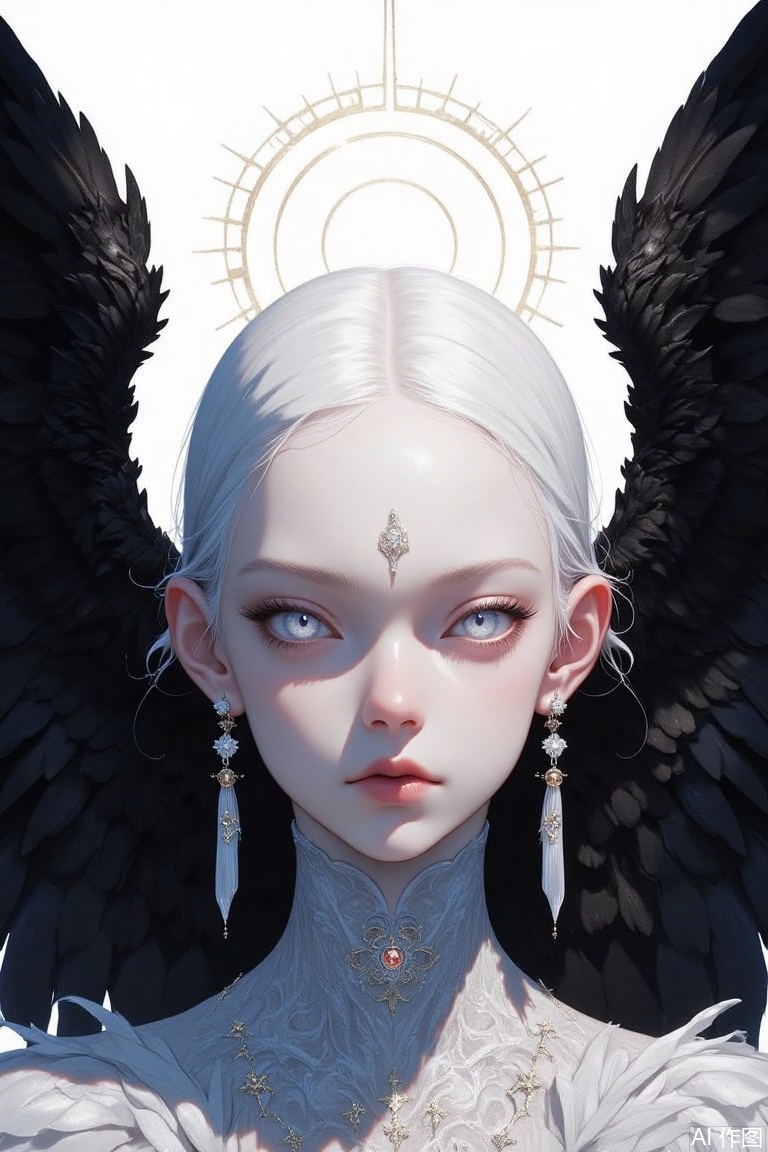 The image is a digital illustration of a young woman with white hair and blue eyes
She has a serious expression on her face and her eyes are closed, as if she is deep in thought
Her head is tilted slightly to the side and her ears are perked up
She is wearing a pair of large, dangling earrings and a necklace with a pendant
The background is white, and the woman is surrounded by large, black wings that are spread out behind her
The wings appear to be made of feathers and have a metallic sheen
The overall mood of the image is mystical and dreamlike.