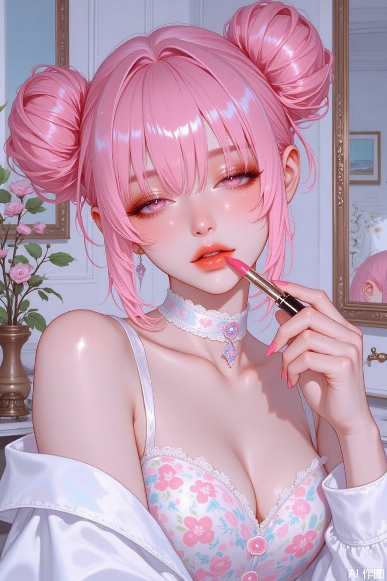 The image is a digital illustration of a young woman with pink hair styled in two large, voluminous curls
She is wearing a white dress with a pink and blue floral pattern and a choker necklace
The woman is holding a red lipstick in her right hand and is applying it to her lips with her left hand
She has a serious expression on her face and her eyes are closed
The background is a room with a mirror and a plant
The overall mood of the image is dreamy and ethereal.