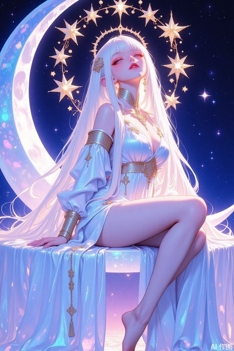 The image is a digital illustration of a young woman sitting on a throne with a crescent moon in the background
The woman has long white hair that is flowing in the wind and cascades down her back
She is wearing a blue dress with gold accents and has a crown of stars on her head
Her eyes are closed and her head is tilted back, as if she is in a peaceful state
The background is a starry night sky with a blue and purple gradient
The overall mood of the image is serene and dreamlike.