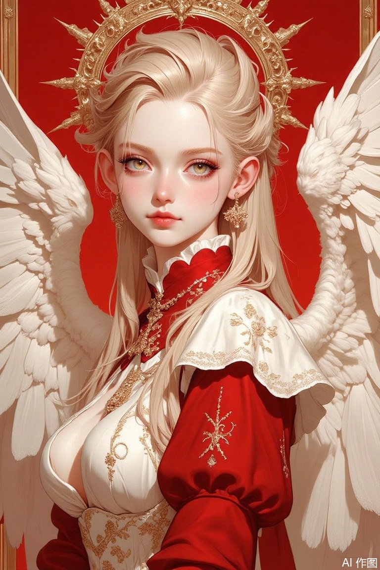 The image is a portrait of a young woman with long blonde hair styled in an angelic manner
She is wearing a red and white dress with a high neckline and long sleeves
The dress is made of a luxurious fabric with intricate gold embroidery and beading
The woman is also wearing a pair of large white wings that are spread out behind her
The wings are intricately detailed and have a golden crown-like design on top
The background is a deep red color with a gold border
The overall mood of the image is regal and majestic.