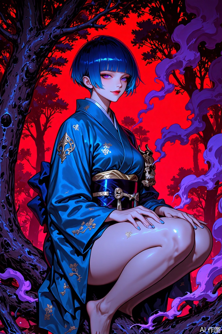 The image is a digital illustration of a young woman with blue hair and bangs, sitting on a tree branch with a skull in front of her
She is wearing a blue kimono with gold accents and has a serious expression on her face
The background is filled with red and purple flames and smoke, creating a spooky and eerie atmosphere
The overall mood of the image is dark and mysterious.