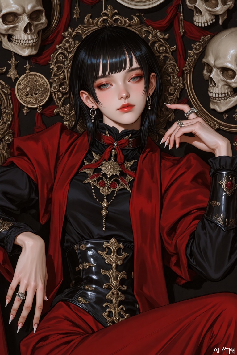 The image is a digital illustration of a young woman with dark hair and bangs, wearing a red and black outfit with gold accents
She is sitting on a throne-like structure with a skull and other objects in the background
The woman is holding a sword in her right hand and has a serious expression on her face
She appears to be deep in thought, with her eyes closed and her lips slightly parted
The overall mood of the image is dark and mysterious.