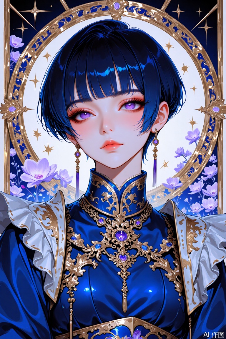 The image is a digital illustration of a young woman with short black hair styled in a bob with bangs
She is wearing a blue and gold traditional Japanese outfit with a high collar and long sleeves
The outfit is decorated with intricate gold and purple patterns and has a gold chain necklace and earrings
The woman is standing in front of a blue background with a gold frame that has a circular design with stars and flowers
She has a serious expression on her face and is looking off to the side
The overall style of the illustration is elegant and regal.