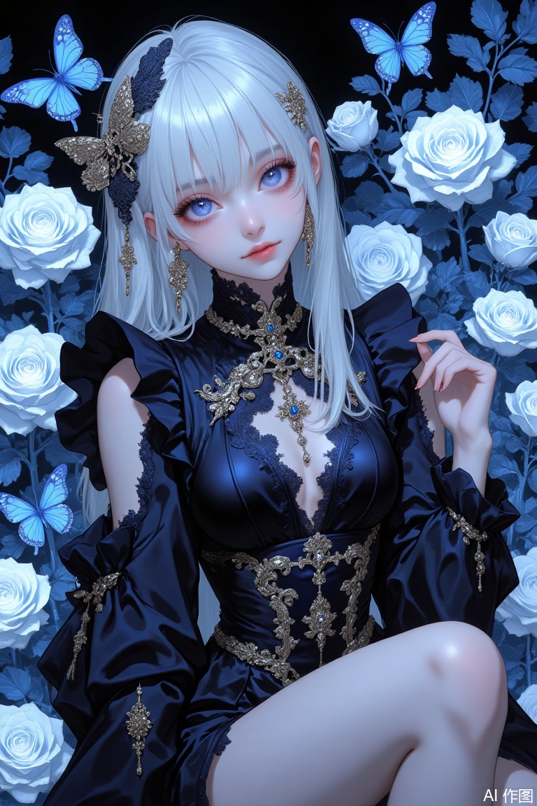The image is a digital illustration of a young woman with long white hair and blue eyes
She is wearing a black and gold outfit with intricate details and patterns
The outfit has a high neckline and long sleeves with ruffles on the sleeves
The woman is sitting in front of a background of white roses and blue butterflies
She has a serious expression on her face and is looking off to the side
The overall mood of the image is dark and mysterious.