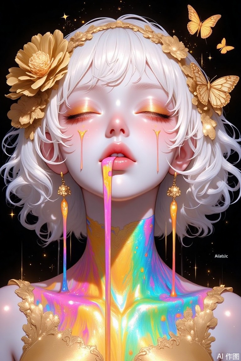 The image is a digital art piece that appears to be a portrait of a woman's face
The woman has white curly hair that is styled in loose curls and cascades down her back
She is wearing a gold headpiece with a large flower and a butterfly on top
Her eyes are closed and her lips are slightly parted, as if she is about to kiss someone
The background is black, and the woman's body is covered in a rainbow-colored liquid, which is dripping down her face in a dripping manner
The overall mood of the image is dreamlike and ethereal.