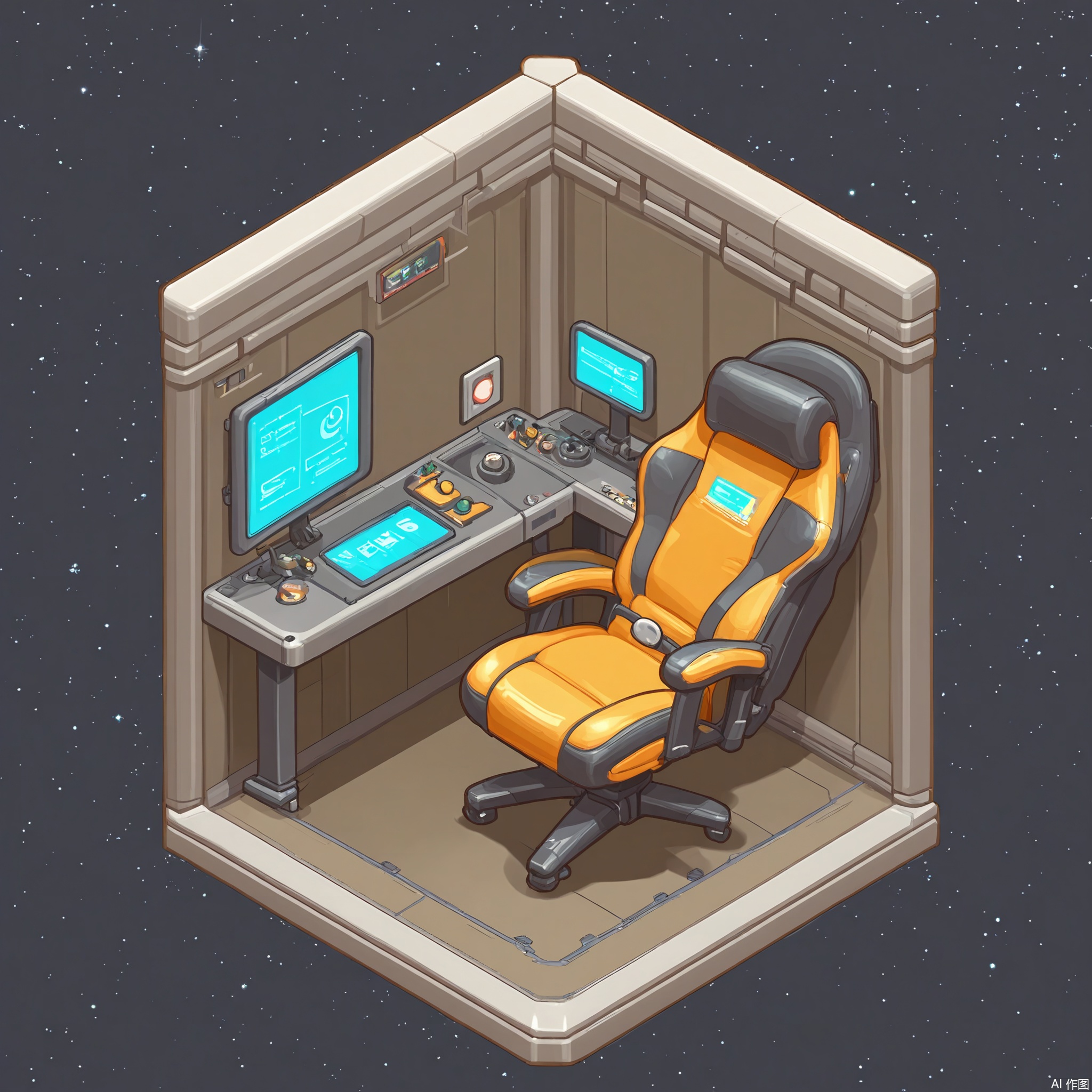 XXDJ, A detailed, stylized digital drawing of a futuristic space-themed gaming corner, featuring a zero-gravity gaming chair, a holographic game console, and a wall display showing a starry galaxy. The background includes a view of a spaceship cockpit through a virtual window. The overall aesthetic is otherworldly and thrilling.
