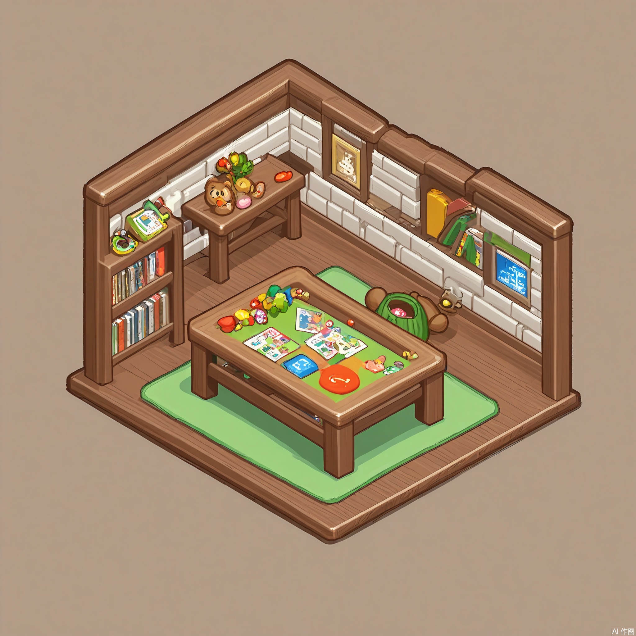 XXDJ, A detailed, stylized digital drawing of a cozy children's game room corner, featuring a low table with a colorful playmat, a set of wooden blocks and toys, and a beanbag chair shaped like a friendly animal. The background includes a wall decorated with cartoon characters and a bookshelf filled with children's books. The overall aesthetic is playful and inviting.
