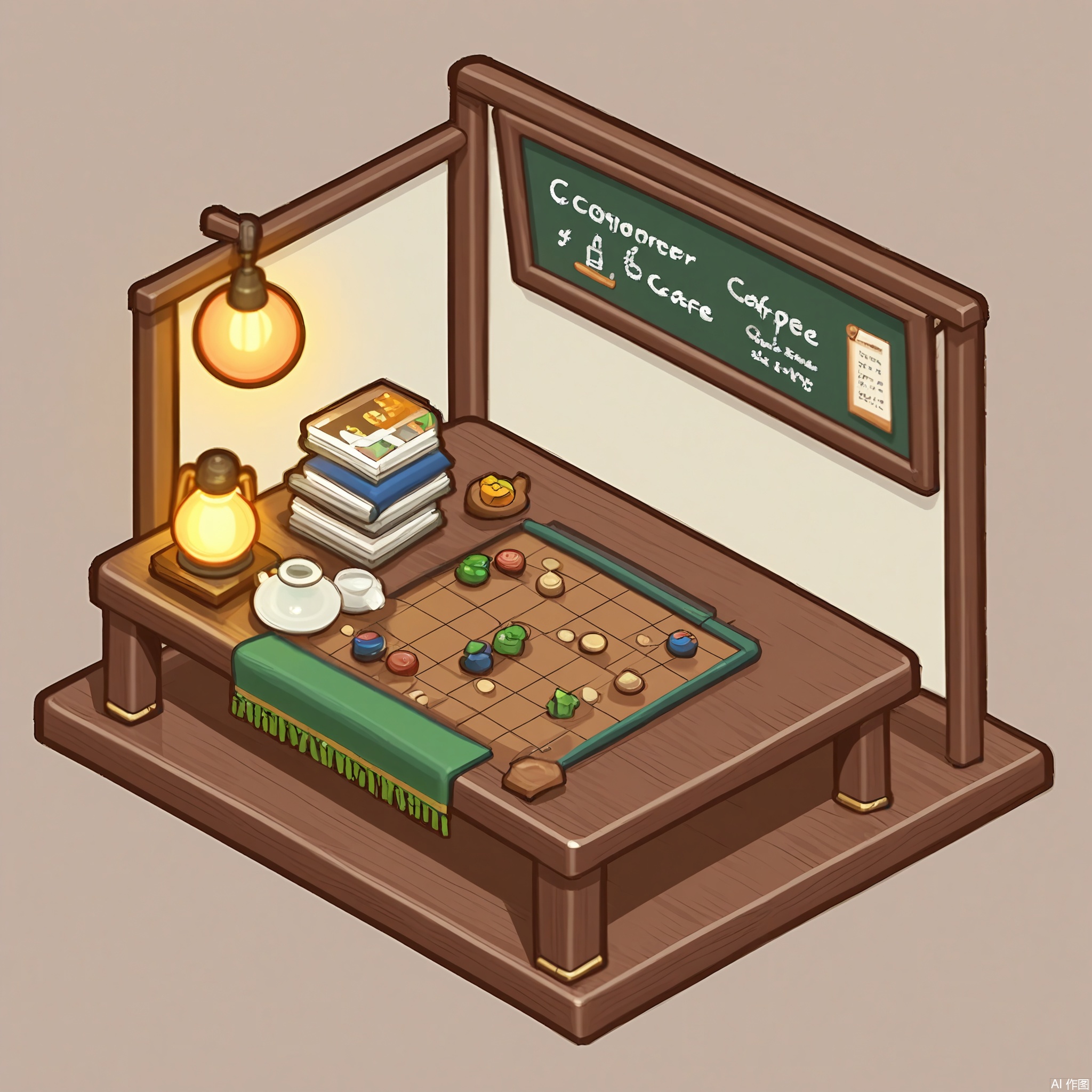 XXDJ, A detailed, stylized digital drawing of a cozy board game café corner, featuring a round oak table with a green felt top, a stack of colorful board games neatly arranged, and two comfortable armchairs upholstered in deep blue fabric. A small lamp casts a warm glow, and the background includes a chalkboard menu of game options. The overall aesthetic is welcoming and nostalgic.
